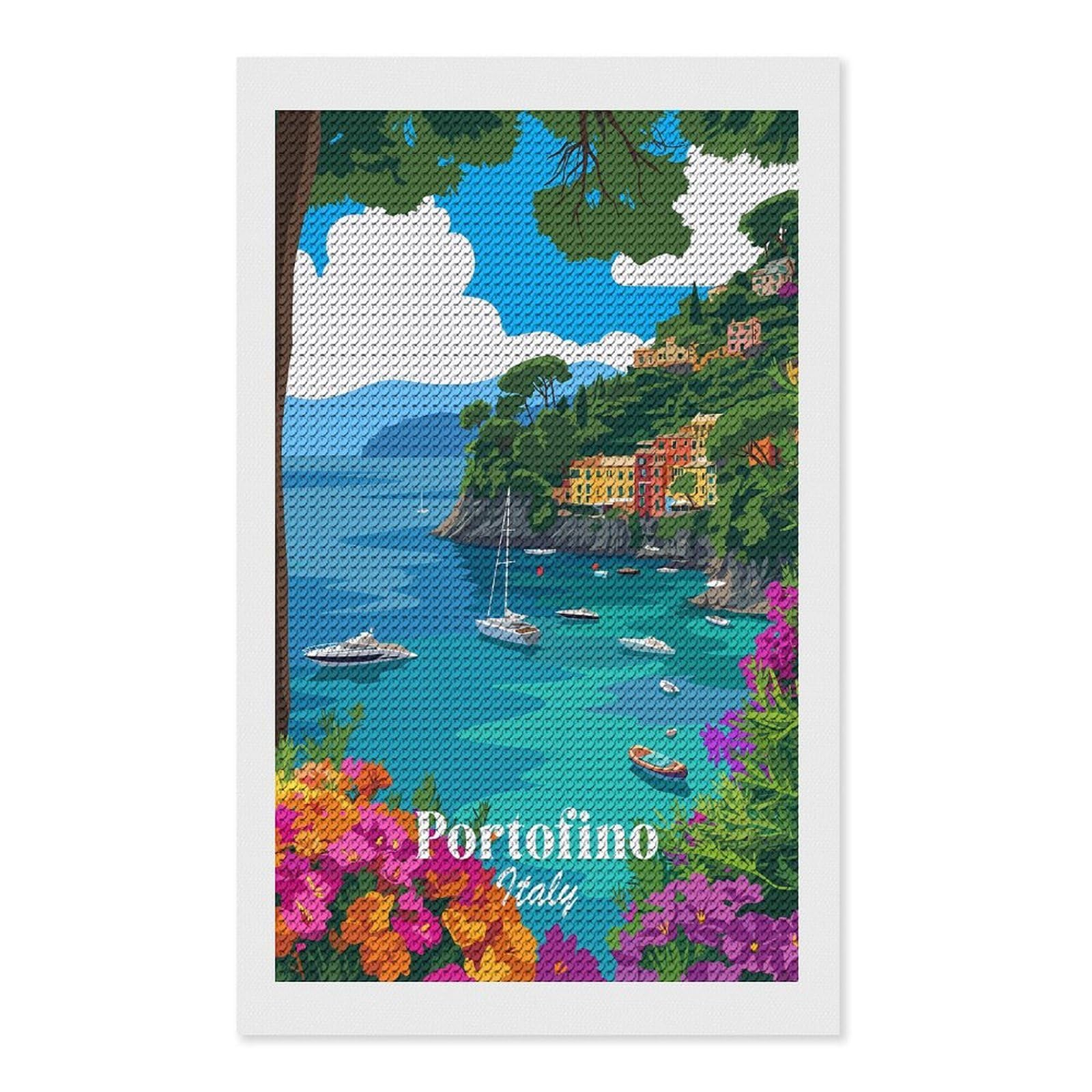 Junmoney Portofino Italy Coastal Scene Diamond Painting Canvas Set 12"x20", with Tool Kit, Easy to Enjoy, Home Wall Decor, Thoughtful Handmade Gift