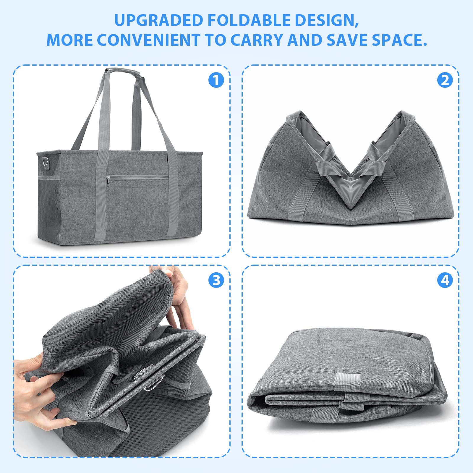 GARPROVM Shopping Basket Extra Large, Grocery Bag Large Shopper Bag Foldable Shopping Bag Standing Utility Tote Bag Metal Frame Removable Shoulder Strap