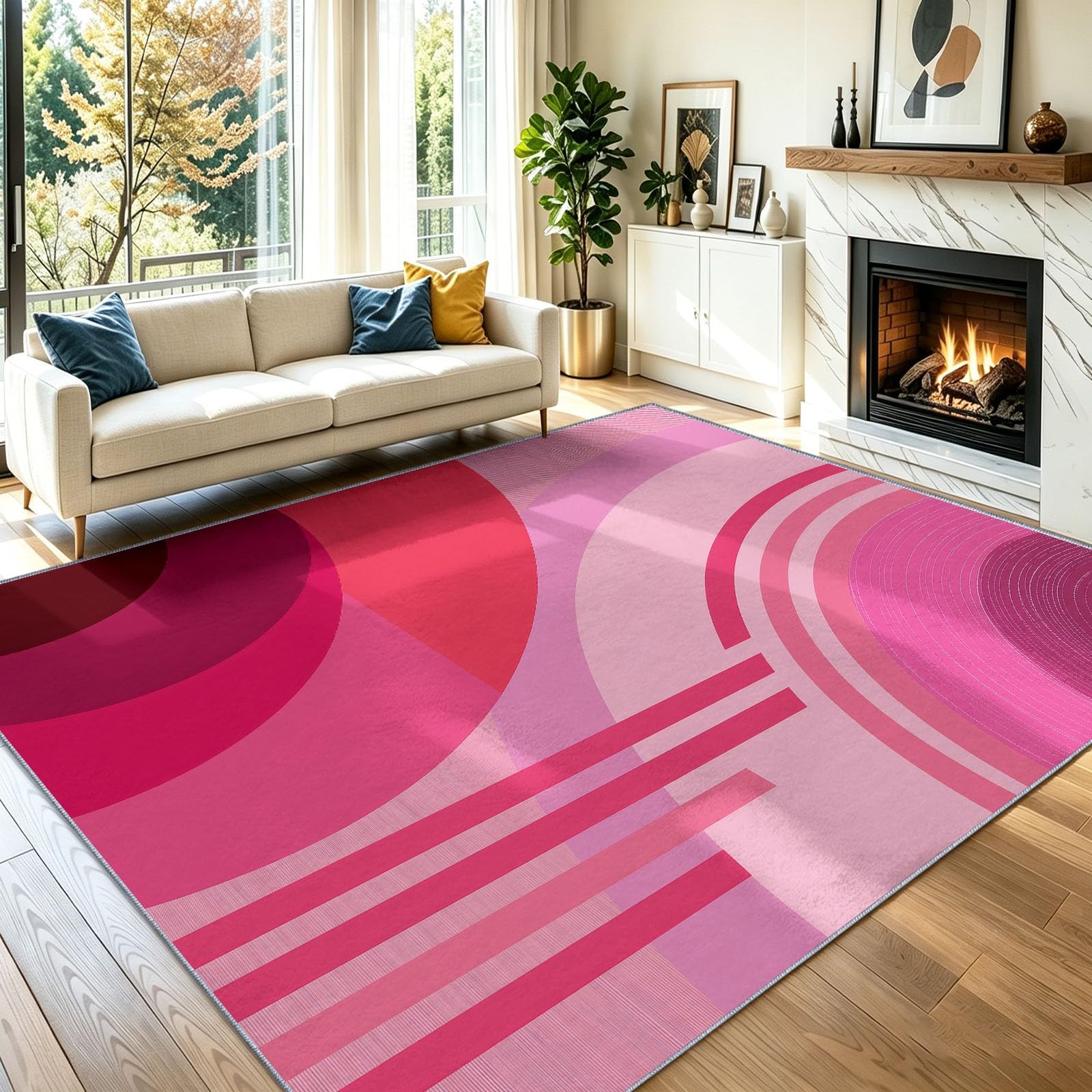 Générique Tapis Lavable Machine Salon 160 x 230 cm Antidérapant Sol Style Abstrait Poil Bas Doux Vagues Roses Blocs De Couleur Dégradé Motif Chambre Cuisine Entrée Salle Détente Dessous Lit Dortoir