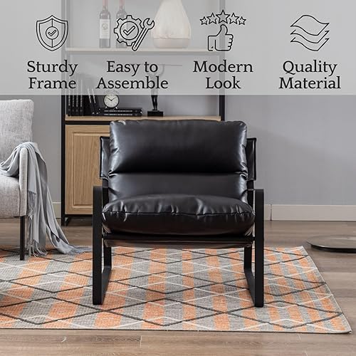Miniatura 6 de LukeAlon Silla decorativa moderna de piel sintética, sillón tapizado para sala de estar con base metálica, cojín acolchado desmontable, sofá