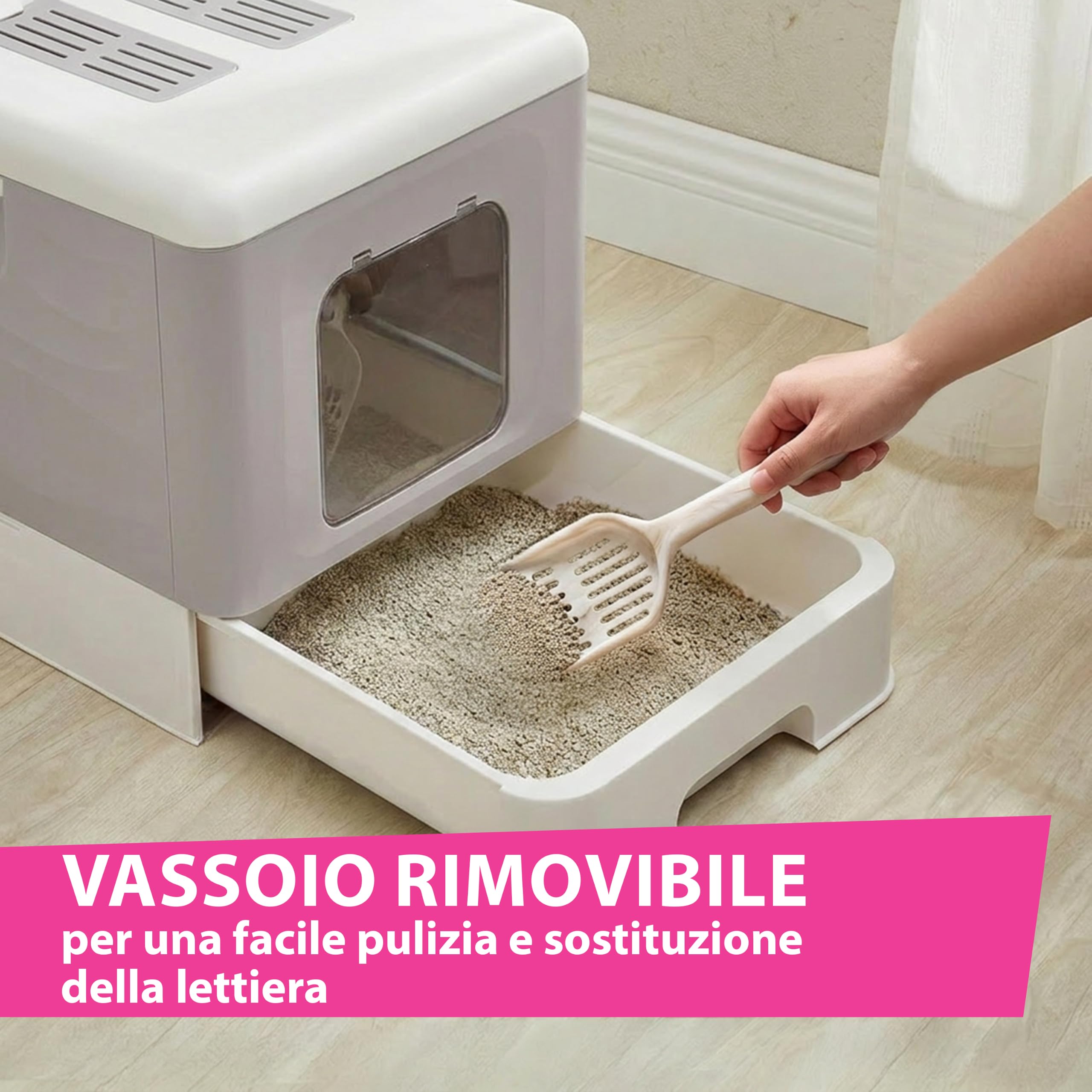 Ferplast Lettiera Gatto Chiusa Antiodore Antisporco Facile da Pulire, Rosa | 2 Filtri al carbone attivo che eliminano gli odori, griglia raccogli lettiera anti-perdite, paletta e spazzolina inclusi