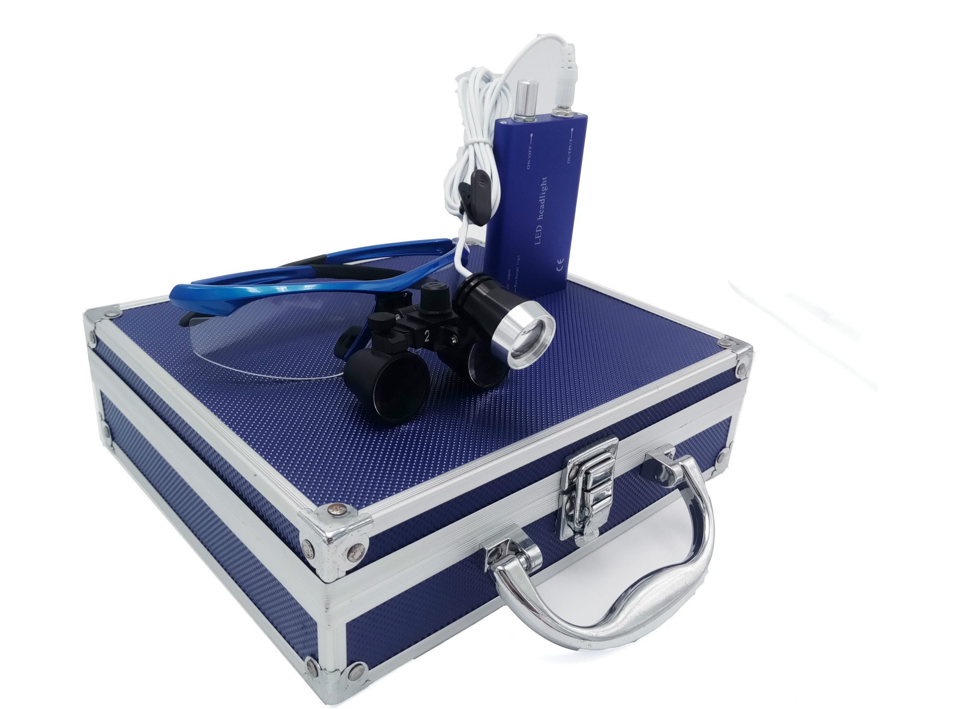 Occhiali binoculari medico-chirurgici portatili con ingrandimento ottico di 2,5 × 420 mm e lampadina frontale a LED 3W; scatola di alluminio inclusa., Blue, 1