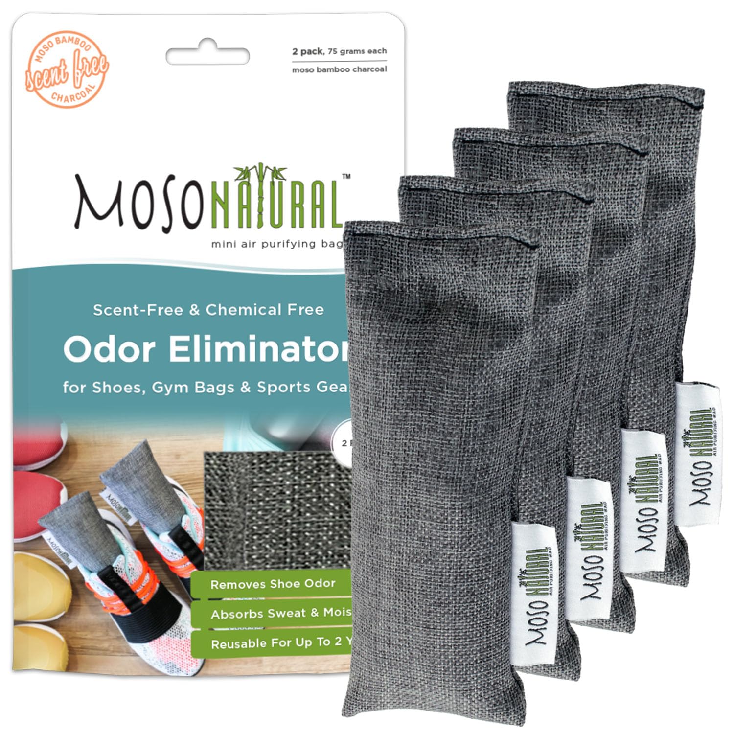 MOSO NATURAL Air Purifying Bag Shoe Deodorizer. Odor Eliminator For Gym Bags, Sneakers And Sports Gear Charcoal Color 75gm*2 (2 per Pack. 4 Total), Long Lasting Charcoal Bags | Lasts up to 2 years!