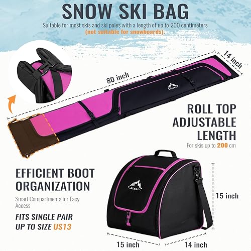 Miniatura 14 de Ski Bag and Boot Bag Combo, Padded Skis Bag for Air Travel, Safety Reinforce Ski Carrier Bag Fits for Skis Up to 200 CM and Boots Up To Size US13