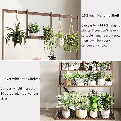 Miniatura 10 de COPREE Soporte de bambú para plantas colgantes de 2 niveles, estantes para macetas de flores, estante organizador de macetas múltiple, estante