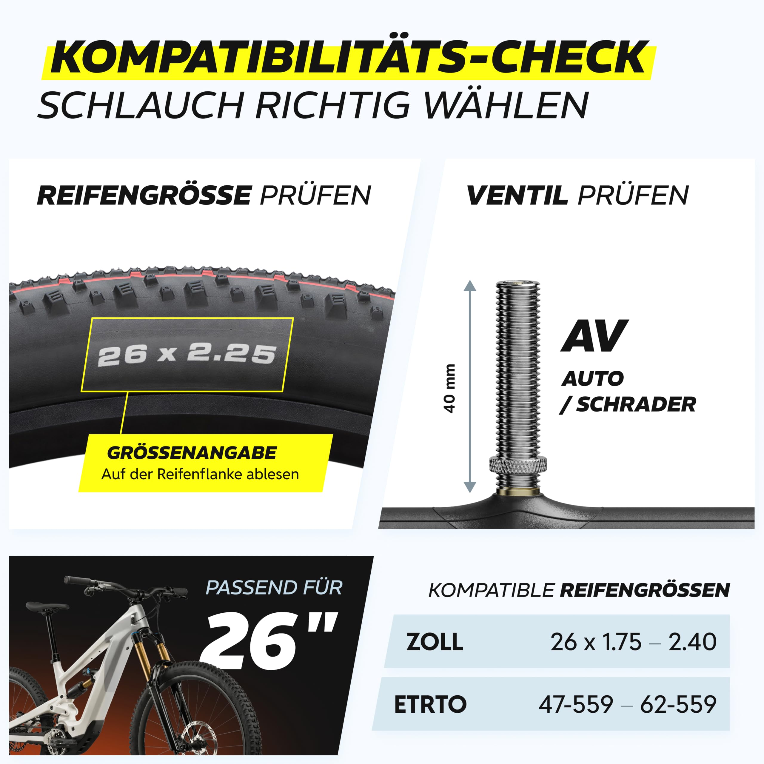 Alphatrail MTB Fahrradschlauch 26 Zoll Rick AV Autoventil 2X Set mit Mobilitätsgarantie I Kompatible Fahrradreifen Schwalbe, Continental UVM. I Fahrrad Schlauch Sport & Freizeit