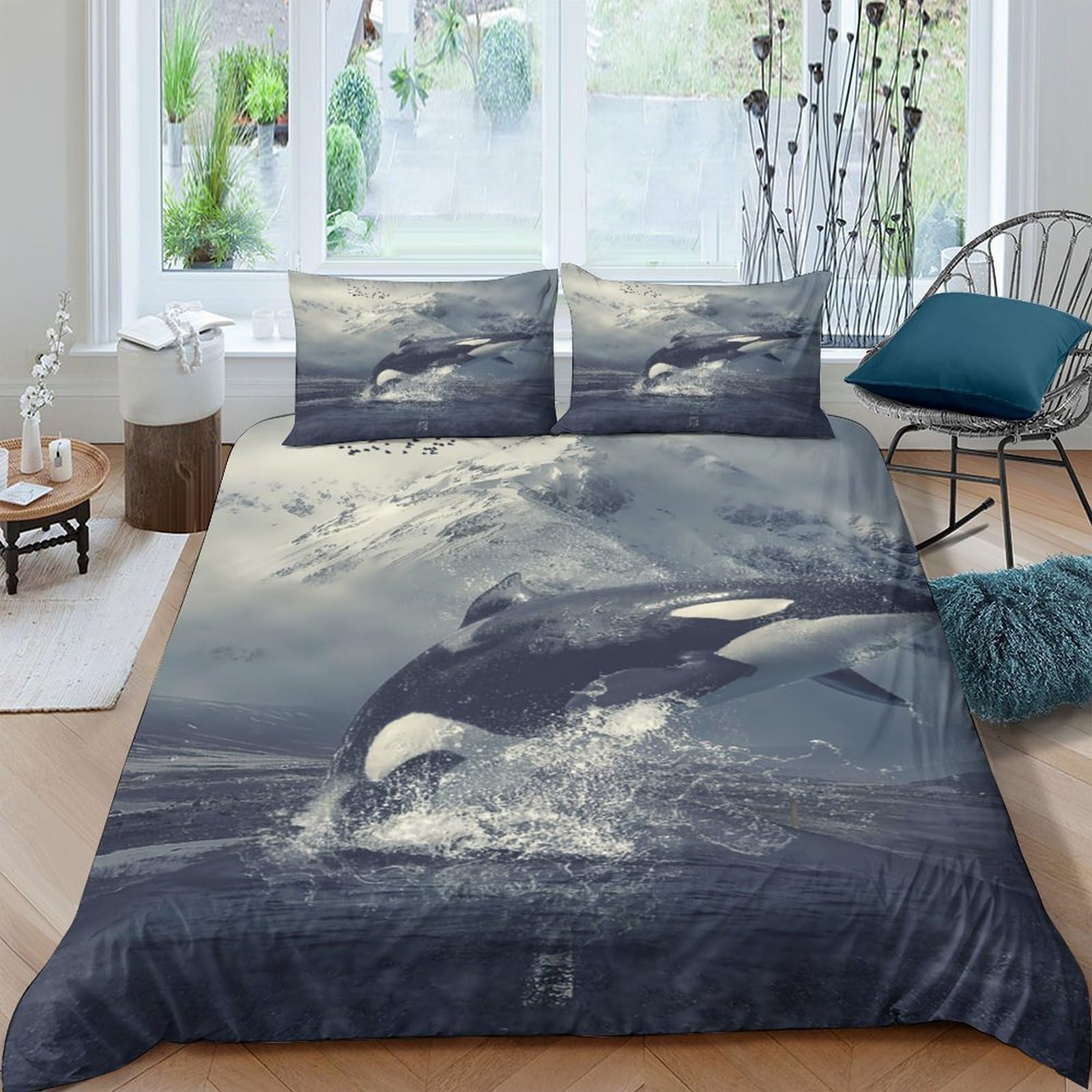 Ctjqhvkz Style-9 3D Printed Ocean Whale Fitted Sheet Microfiber Navy Blue Sea Wave Mattress Cover Anti-Slip Bedroom Decor Washable Single（135X200cm）
