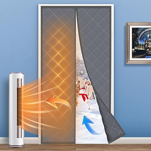 Cortina magnética para puerta con aislamiento térmico, se adapta a puertas de 34 x 82 pulgadas, apertura central, tela Oxford duradera y fibra de