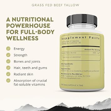 Ancestral Supplements Grass Fed Beef Tallow Capsules, Kidney Fat, 180 Ct | Nourishing kidney fat supports bone, teeth, gum and skin health alongside daily kidney care and immune support.