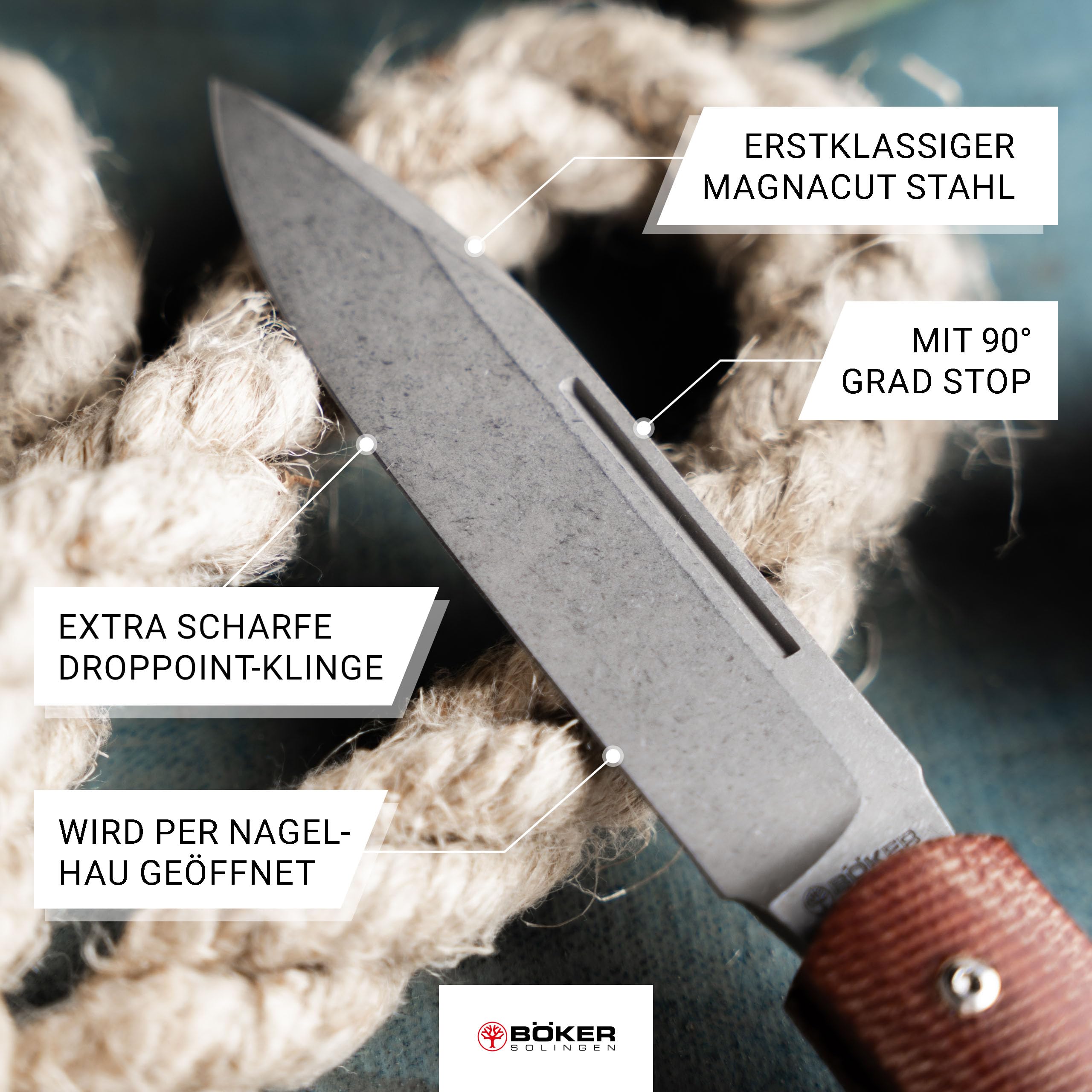 Böker SOLINGEN® Coffin Jute Micarta - handgefertigtes Taschenmesser 42a konform - EDC Zweihandmesser mit extra scharfer 8 cm MagnaCut Klinge - Premium Slipjoint Klappmesser mit Micarta Griff & Etui