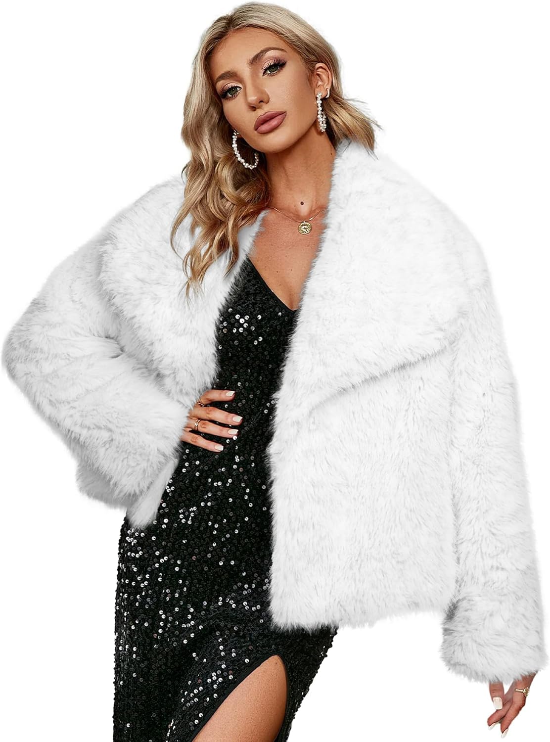 Simplee Womens Faux Fur Coat Long Sleeve Fluffy Lapel Shaggy Jacket Winter Casual Warm Fuzzy Short Outerwear - Image 6