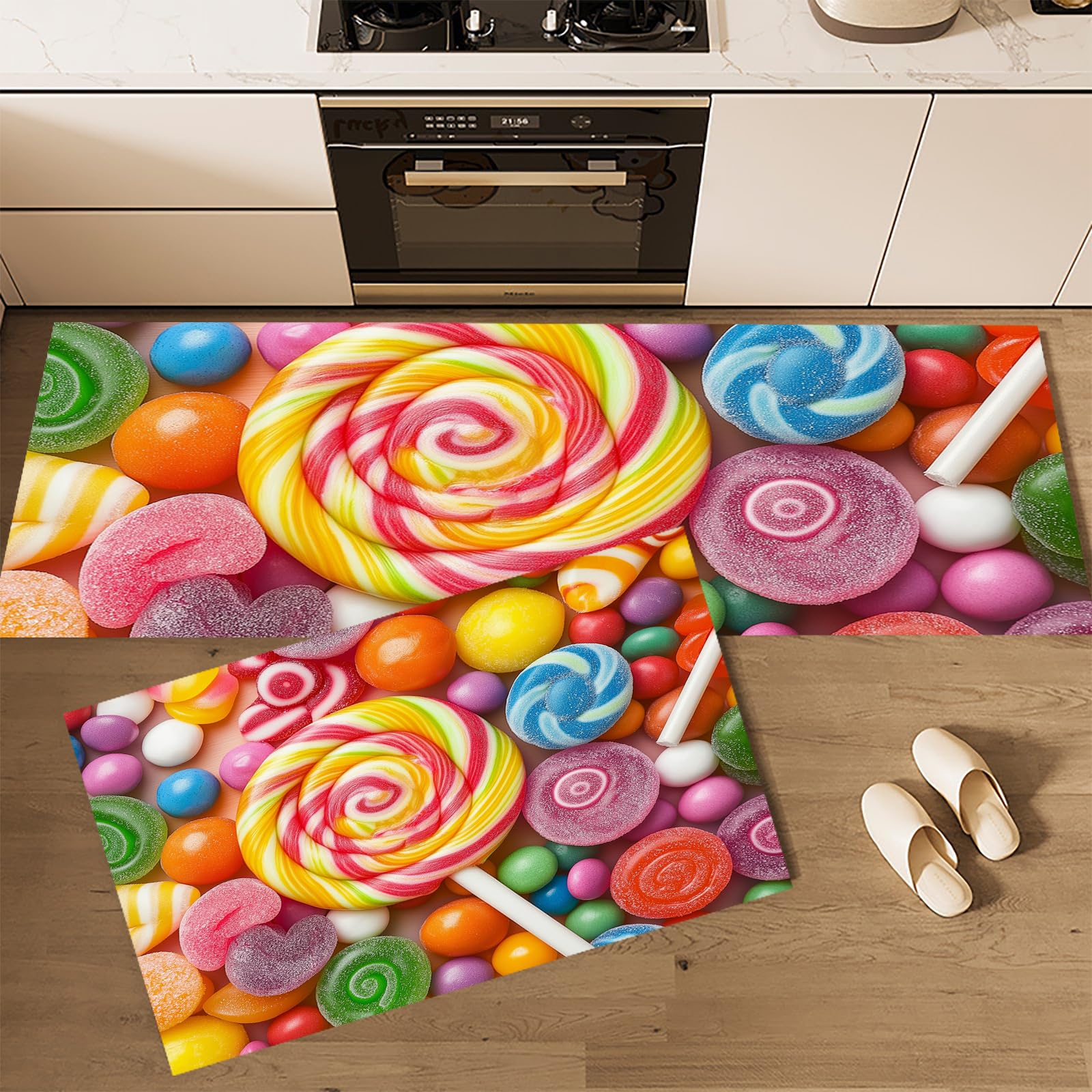 Alfombra de Cocina piruleta de Caramelo 2 Piezas, Alfombrillas de Cocina Lavables para Suelo, Suaves Alfombrillas de Cocinas Antideslizantes para Lavadero