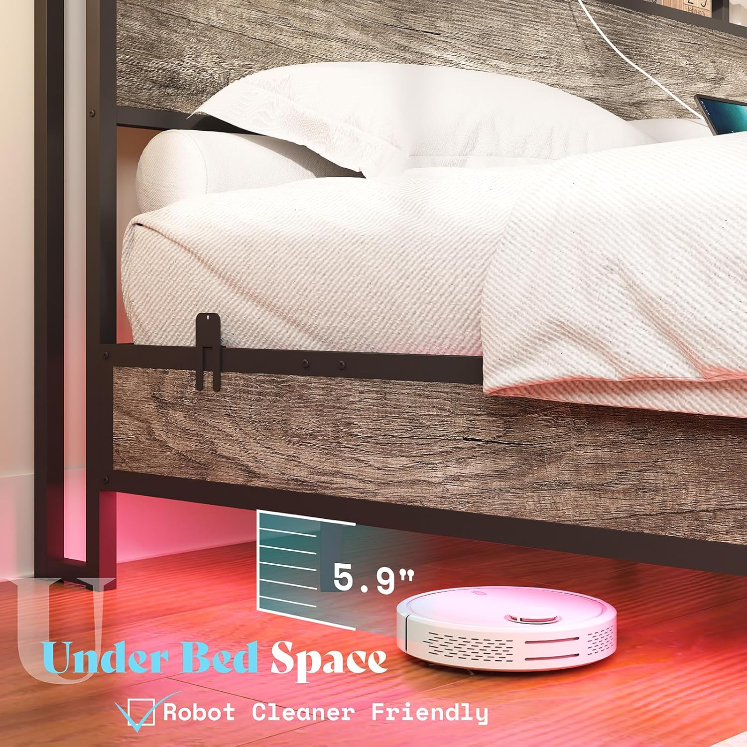 AMERLIFE King Size Floating Bed Frame with 2-Tier Storage Headboard, Metal Bed Frame with Charging Station & LED Lights, No Box Spring Needed, Rustic Grey