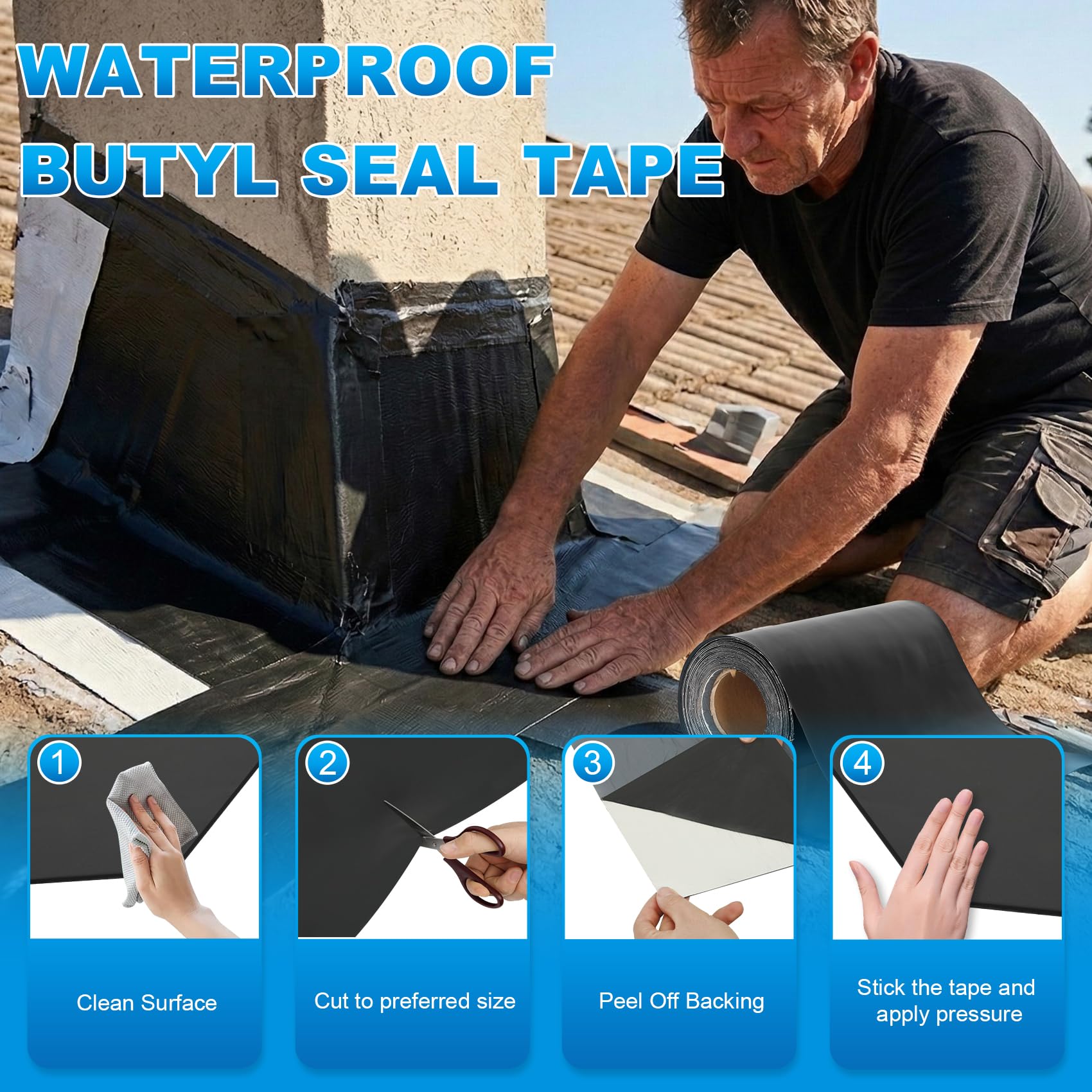EPDM verstärktes Butyl-Dichtband, 30,5 cm x 9,5 m, schwarz, selbstklebend, wasserdicht, wetterfest, für Dächer, Fenster, Wohnmobil, Boote, Terrassen und Sanitärräume