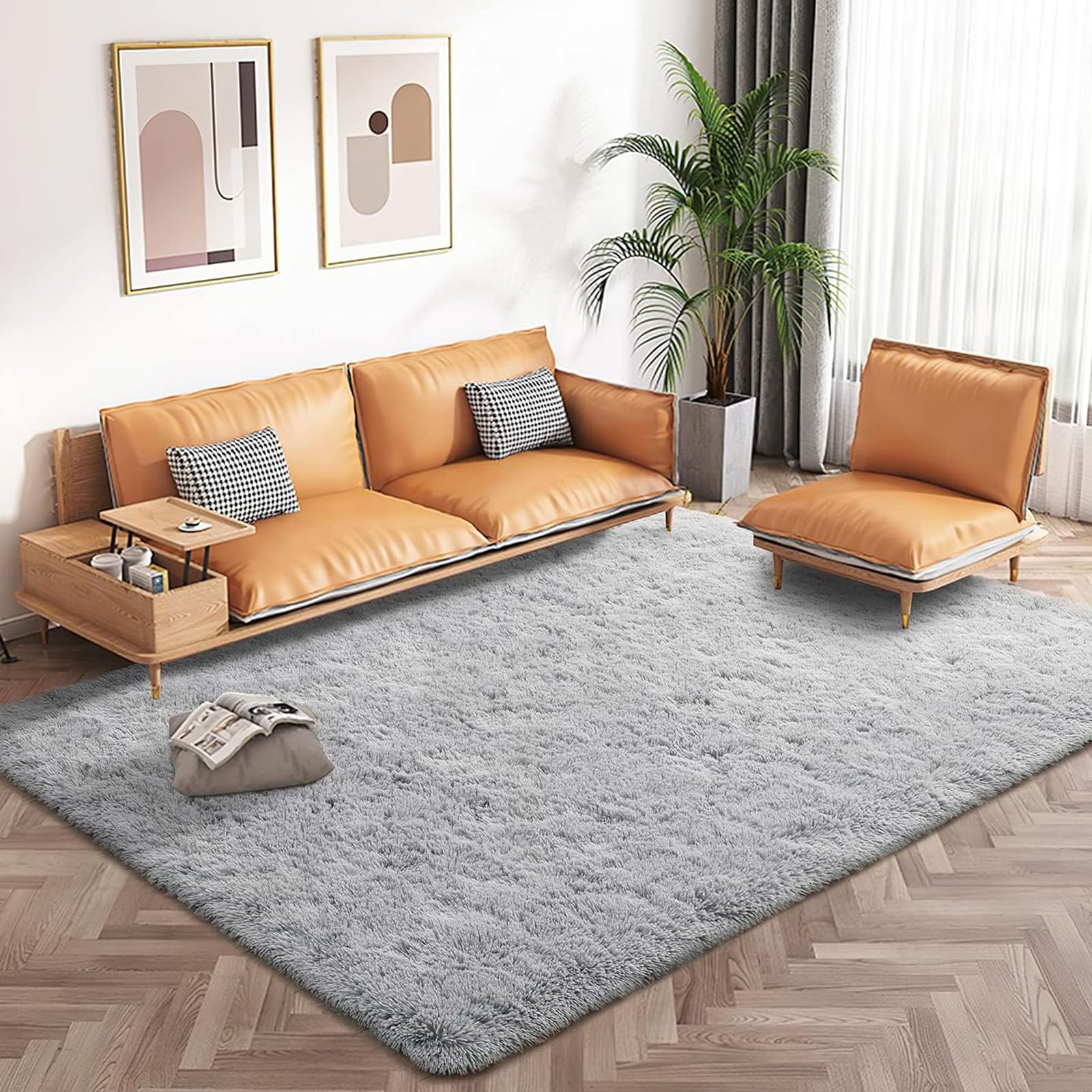 Tapis shaggy à poils longs gris 230x260 cm pour un salon moderne