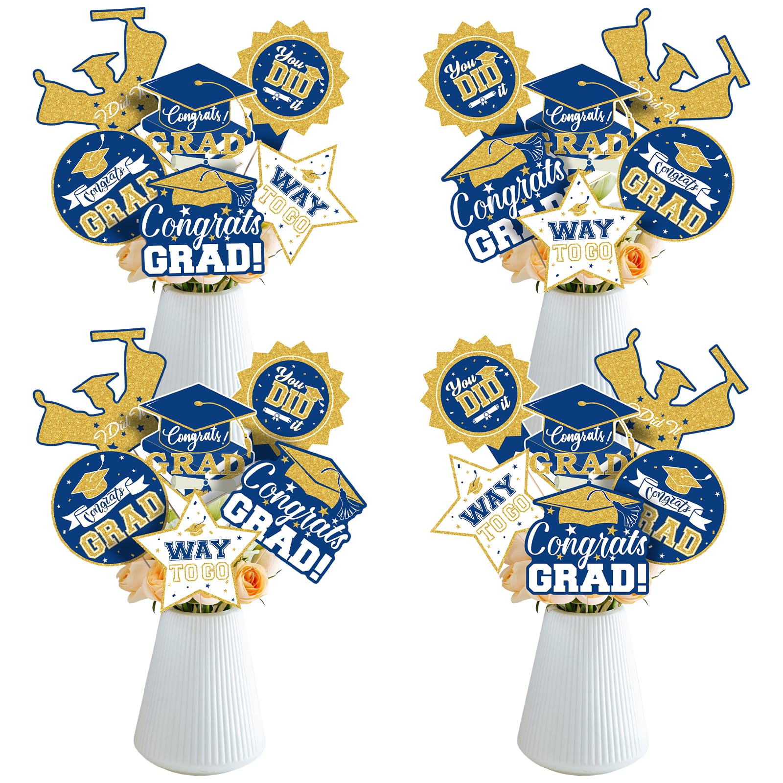 2026 Graduation Party Decorations - 24 Pcs Class of 2026 Congrats Grad Table Centerpieces Graduation Table Decorations Sticks Table Toppers for Graduation Party (Blue Gold)