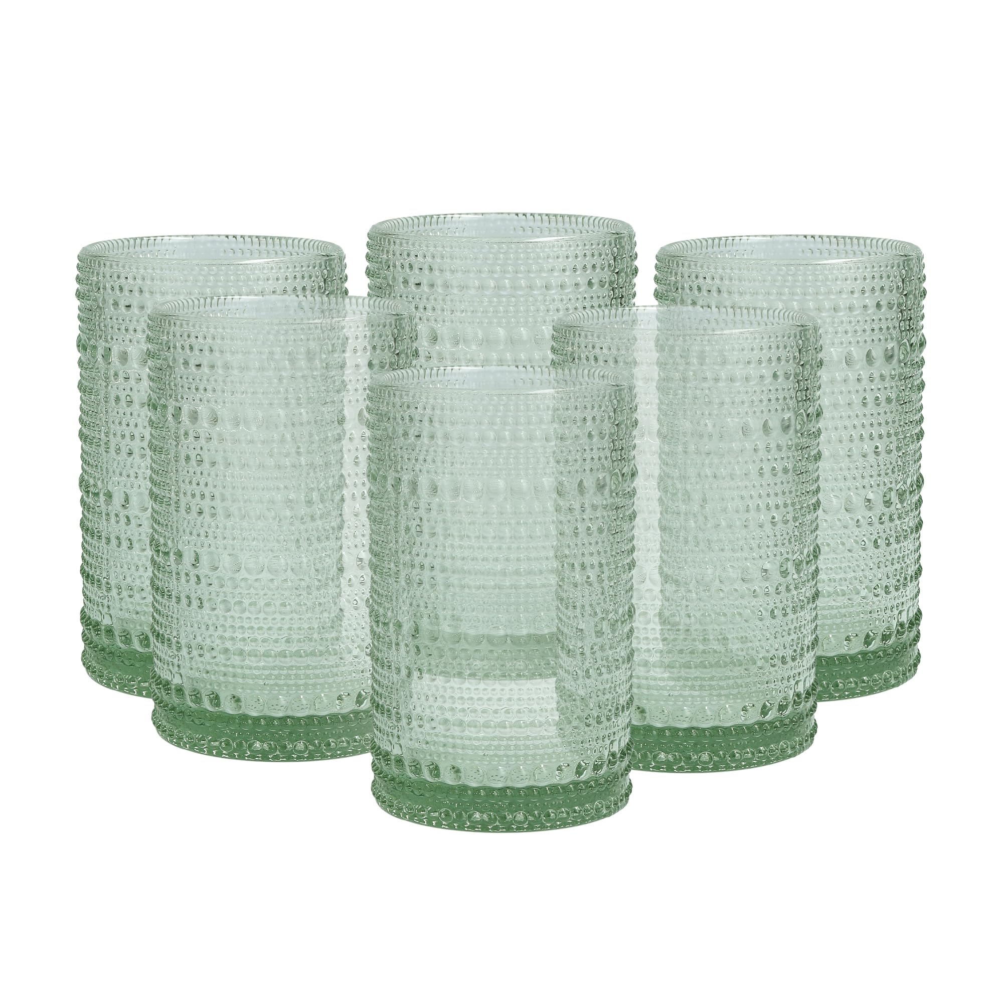 Jupiter Beaded Hobnail Glass Vintage Themed Drinkware Set, 13 Ounce Iced Beverage Glasses (Set of 6), Dishwasher-Safe, Sage Green