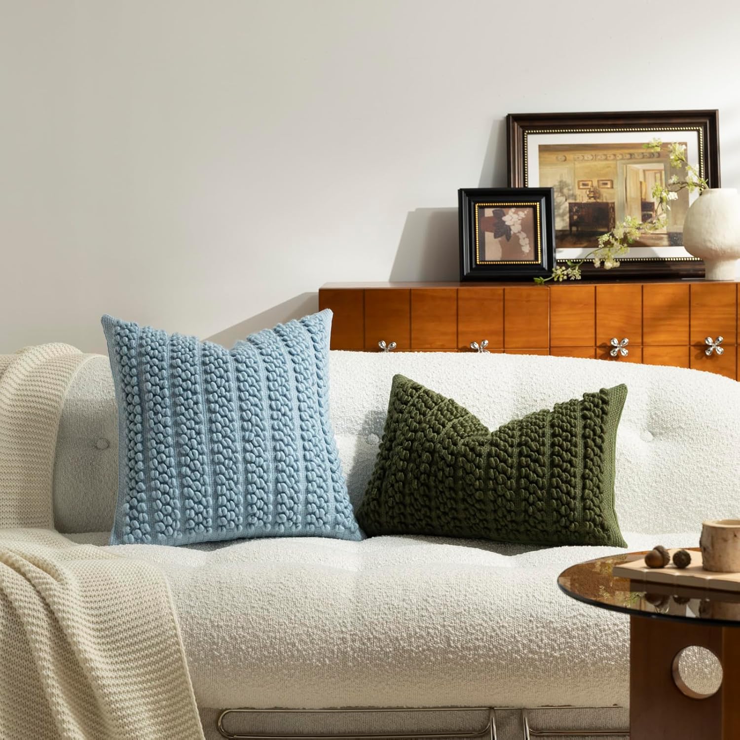 DEZENE Wool Boucle Throw Pillow Cover Premium Chic Accents Square Textured Decorative Pillow Case for Living Room Couch Sofa Home Decor 18"x18" Blue