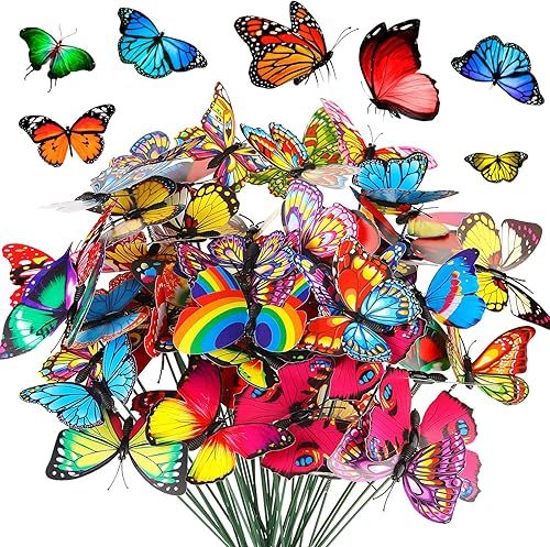 Geelin Juego de 150 estacas de mariposa coloridas decorativas impermeables para decoración de jardín, suministros de fiesta en 3D, letreros de patio