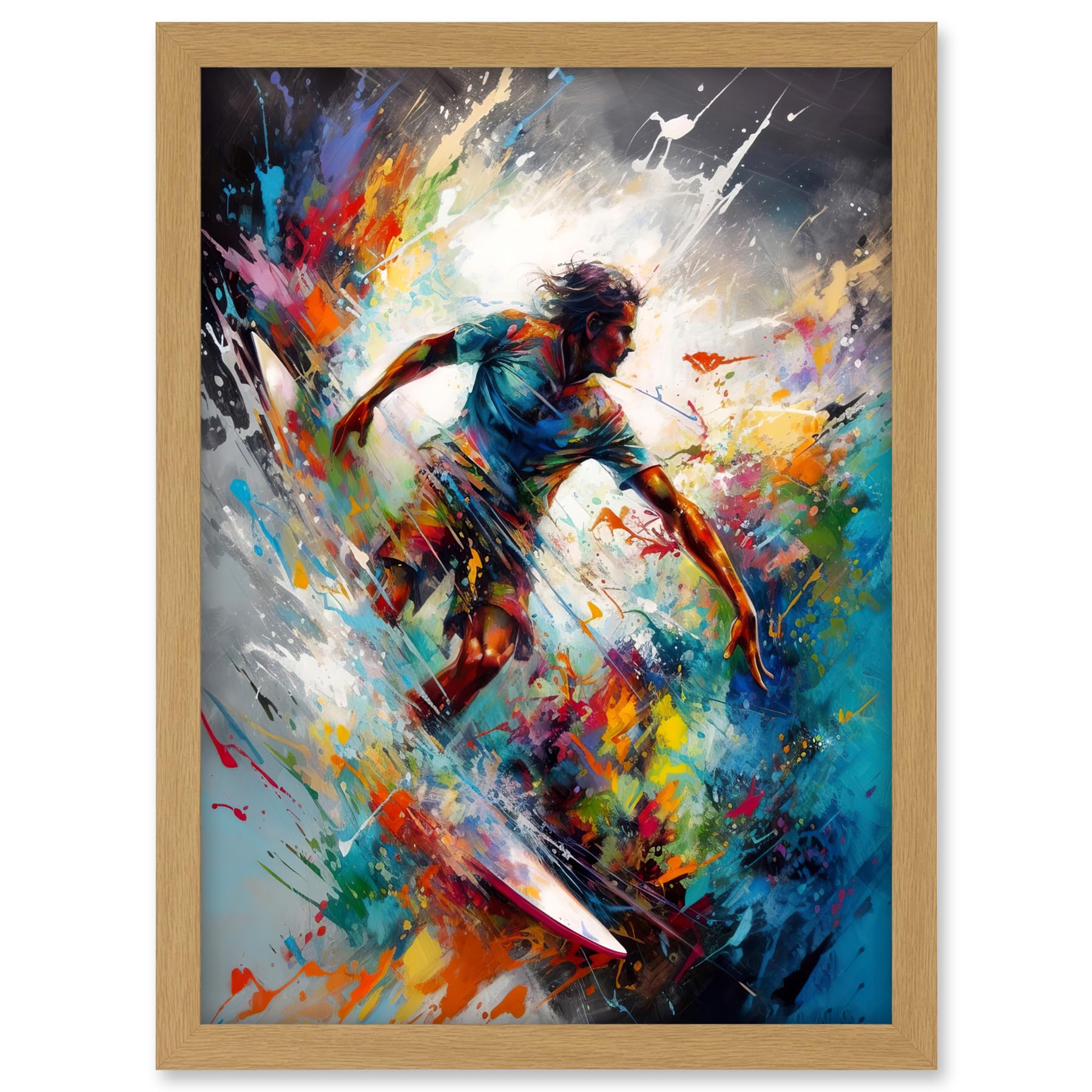 Artery8 Surfer Surfing on Rainbow Paint Splat Waves Artwork Framed A3 Wall Art Print
