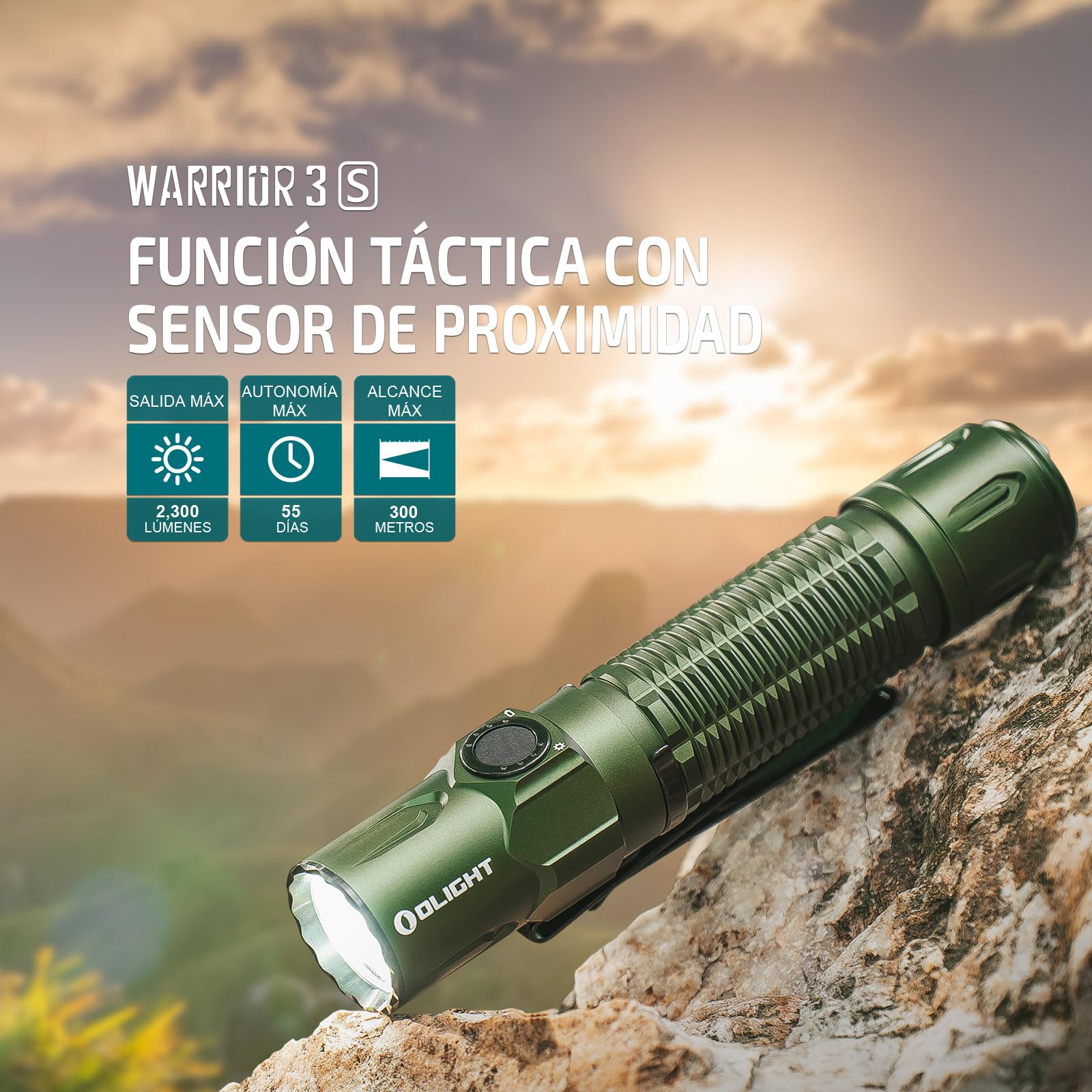 OLIGHT Warrior 3S Táctica Linterna 2300 LM 300M Carga mediante USB-C | Configuración de Sensor, Doble Interruptor, Impermeable IPX8, Adecuado Para Acampada, Senderismo y Emergencias
