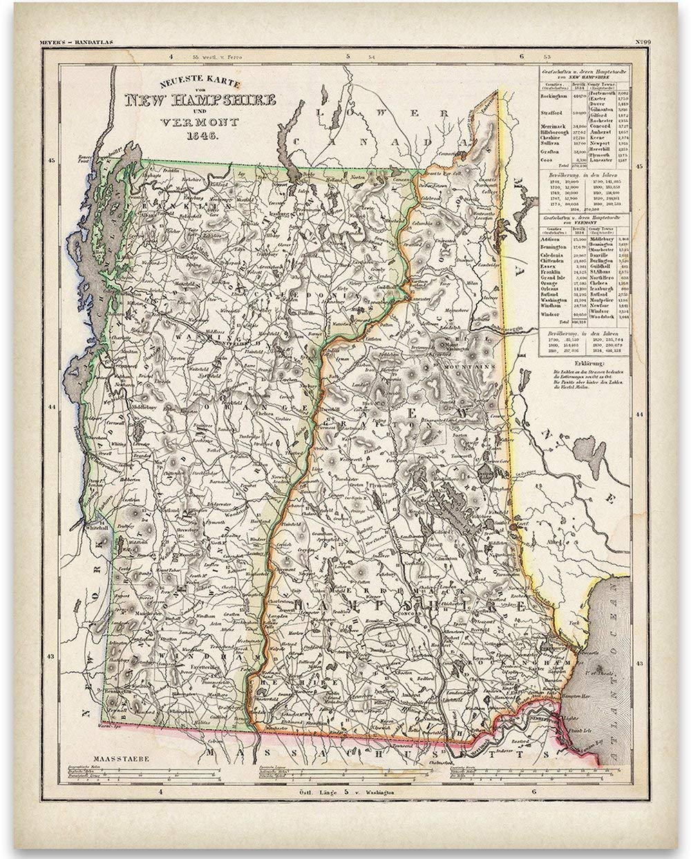 1846 New Hampshire Map - 11x14 Unframed Art Print - Great Vintage Home Decor and Gift Under $15