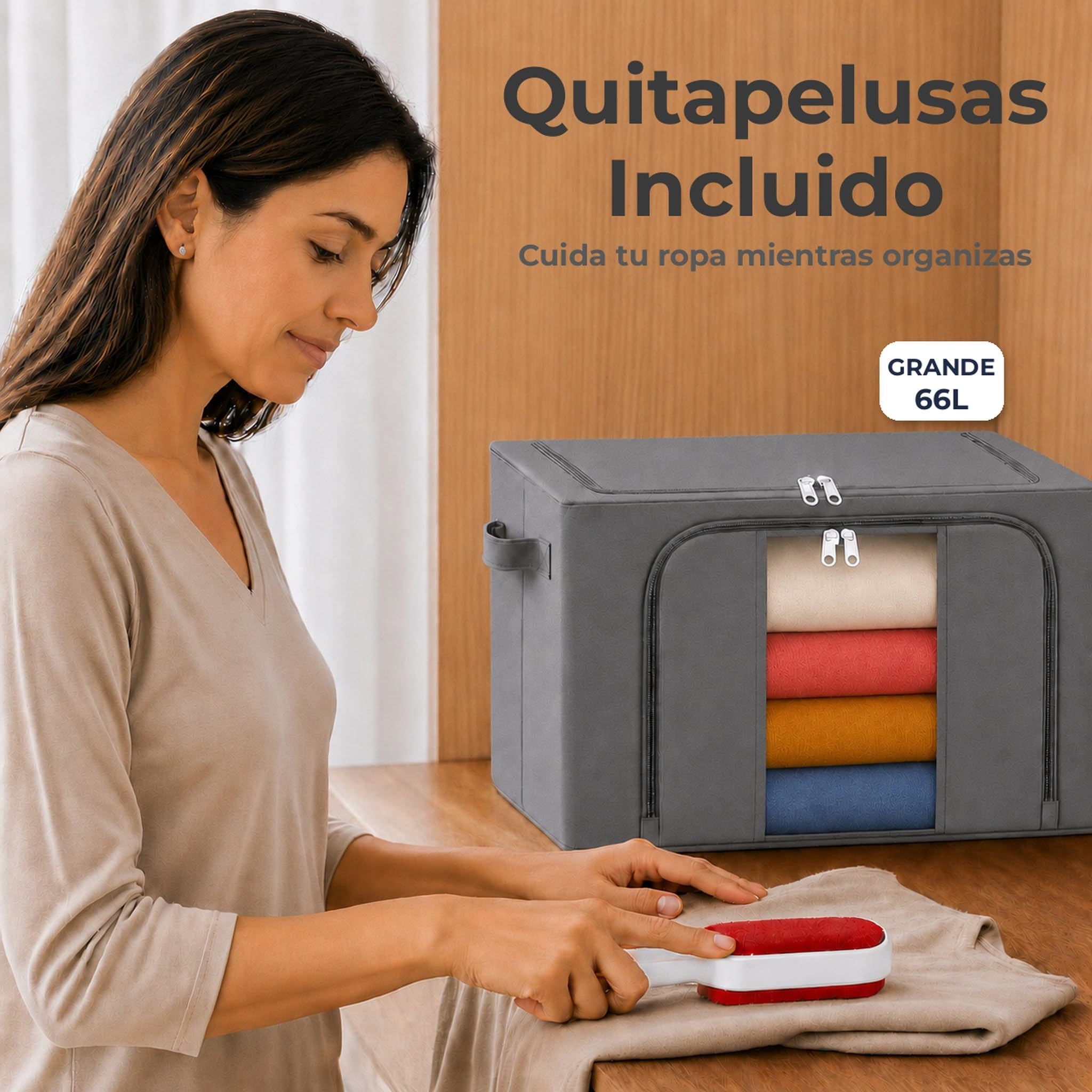 Cajas Almacenaje Ropa GRANDES Pack 2 · 66L (132L total) — Armario, Marco Metálico Rígido y Apilable, Plegable, Tela Oxford con Cremallera y Ventana Transparente Quitapelusas Incluido