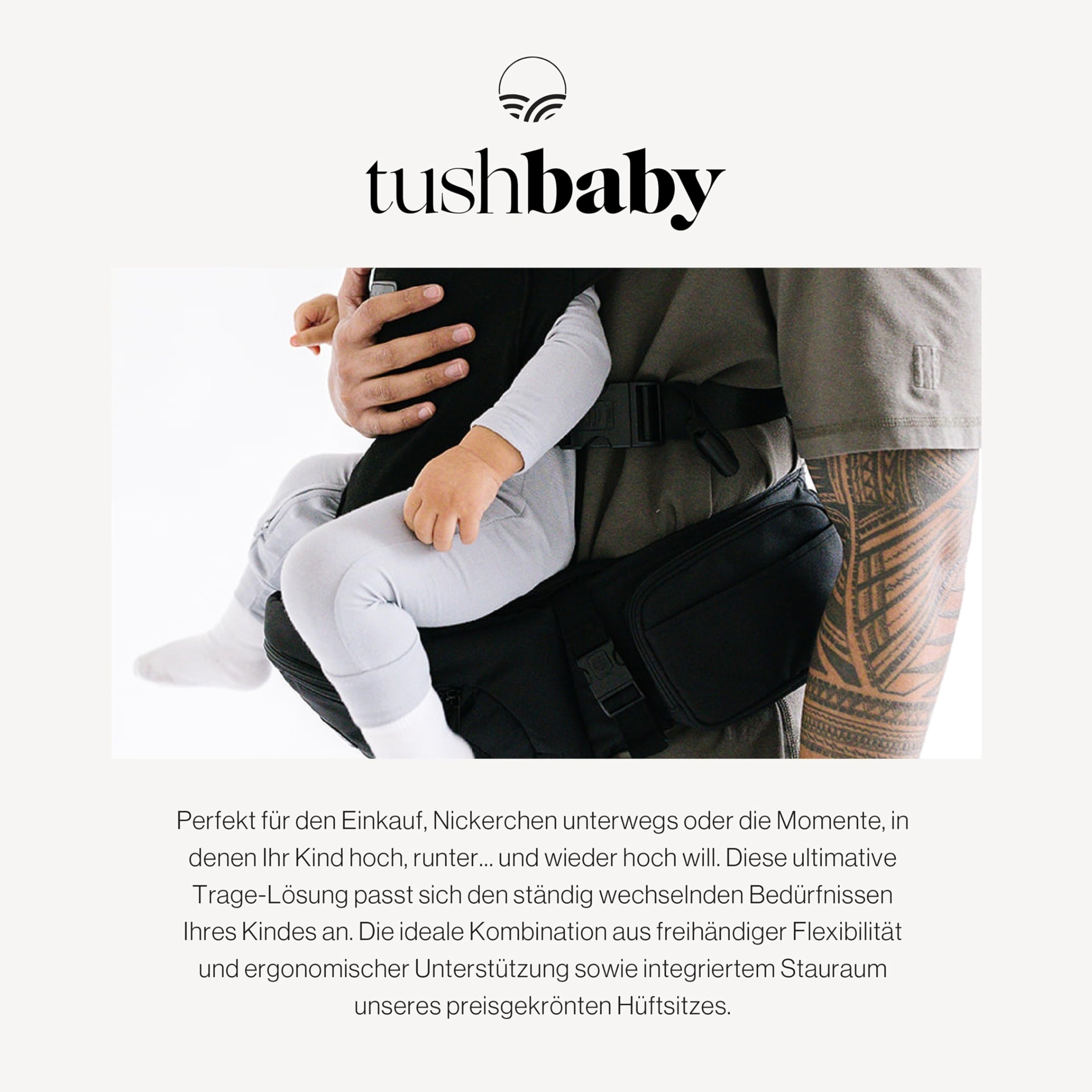 Tushbaby Hands Free Carrier Set | Hüftsitz Baby und Snug Trage | Kindertrage mit ergonomischem Baby Hüftsitz | Kindertrage Rucksack mit Stauraum | Für Kinder bis 20 kg | Schwarz