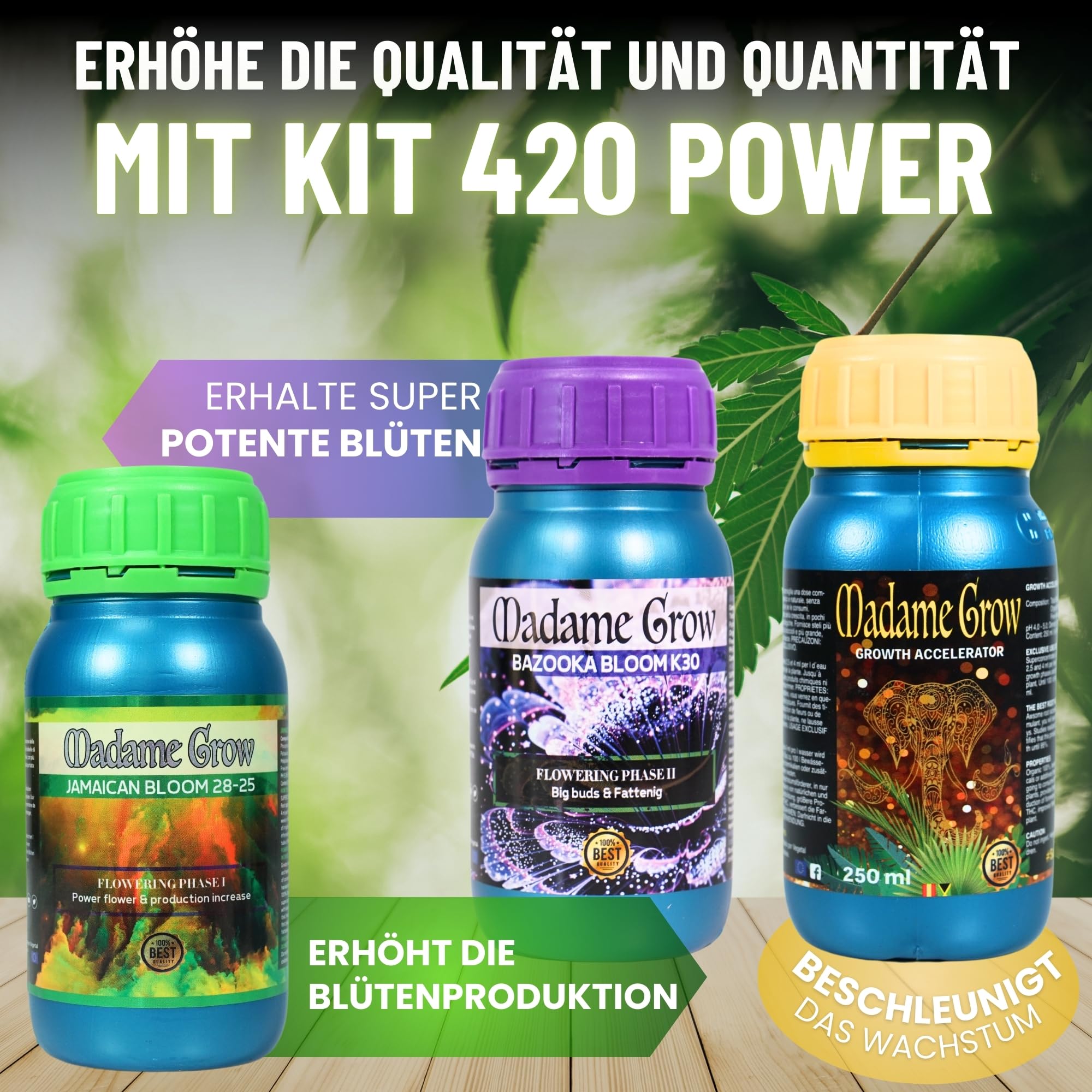 Madame Grow | Kit Power 420 Dünger Set 3x1L – Grow Dünger Wachstum & Blüte | Growth Accelerator + Jamaican Bloom + Bazooka K30