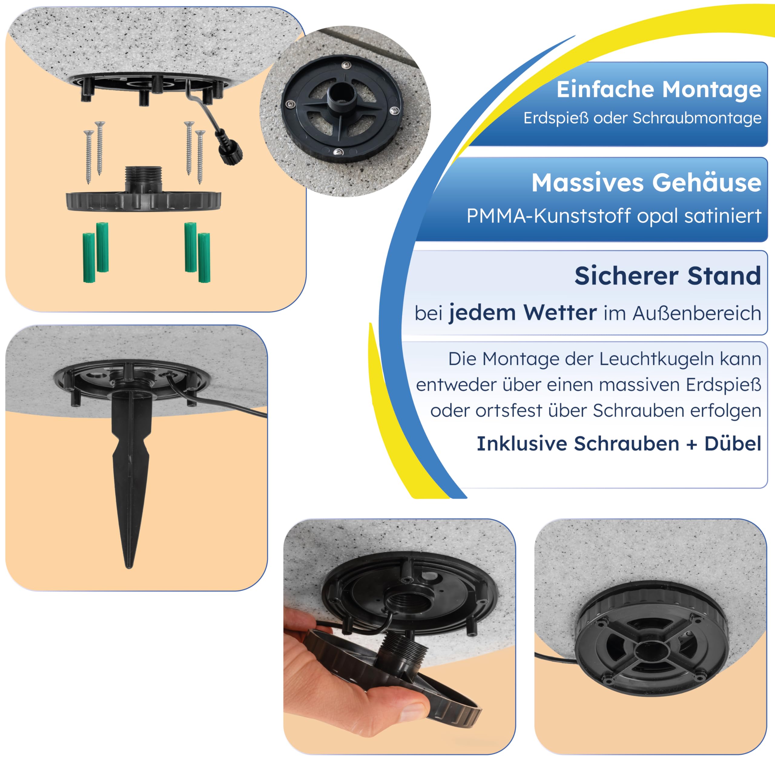 Esotec Solar Stein-Leuchtkugel, D=50cm, 9 Leuchtfarben, Dauer oder Wechsellicht, Akku, Solarmodul, Erdspieß, Solarmodul-Wandhalterung, Schraubbefestigung, Solarkugel, Solarstein, winterfest 106119
