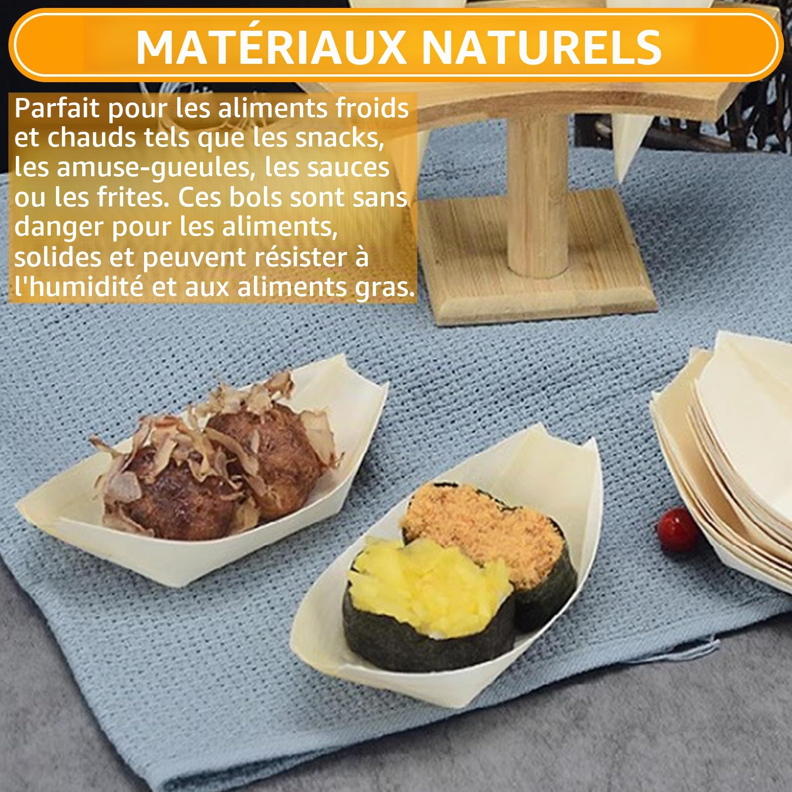APACALI Lot de 200 Assiettes pour Amuse-Gueules en Bois de Peuplier et Feuille de Palmier, Forme de Bateau, Dégradables et Biodégradables, Idéales pour Currywurst, Snacks, Barbecues et Fêtes