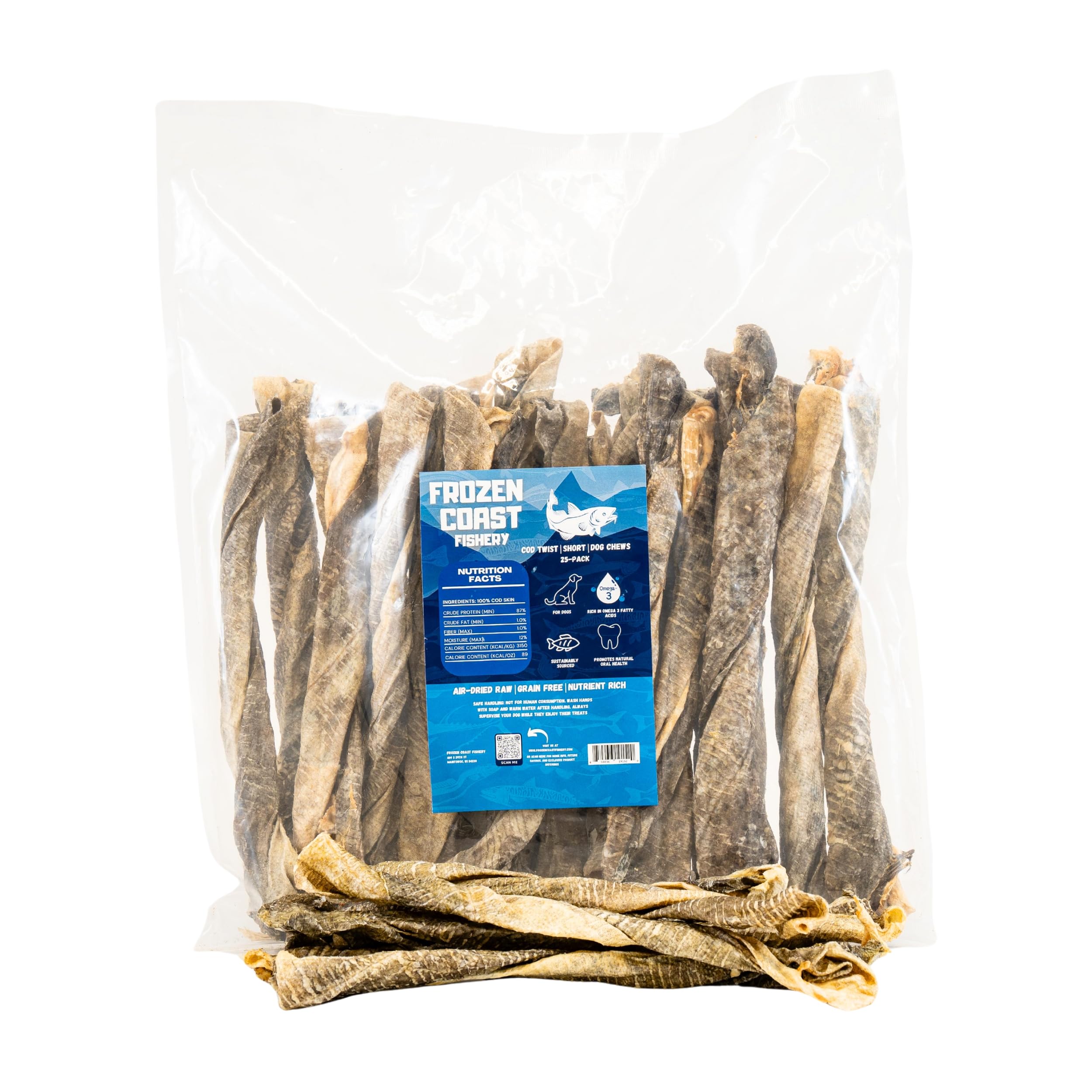 Frozen Coast Cod Twist Short Dog Chews, Wild-Caught, All-Natural, High-Protein, Grain-Free (25-Chews)