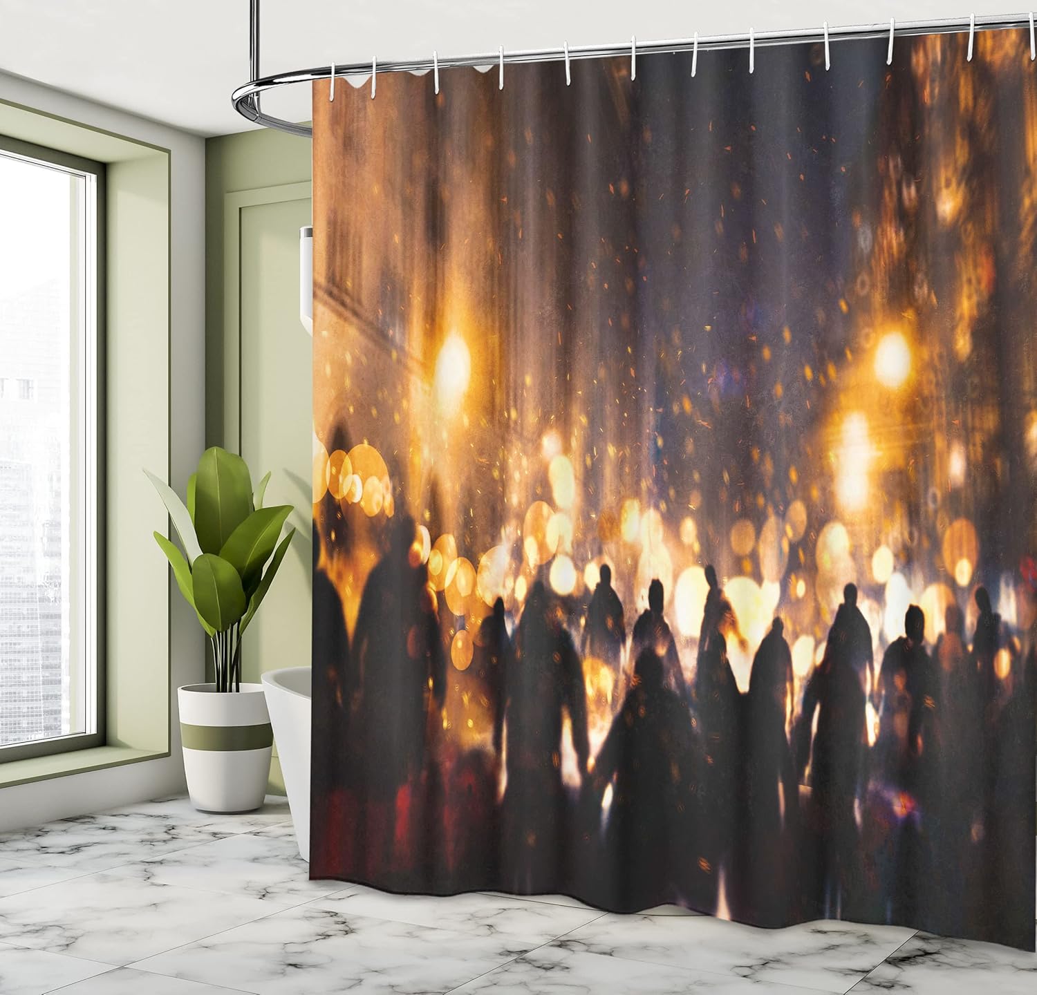 Ambesonne Zombie Shower Curtain, Burning Town Urban Chaos with Human Silhouettes in Street Pattern Print, Cloth Fabric Bathroom Decor Set with Hooks, 69" W x 70" L, Amber Mauve Seal Brown
