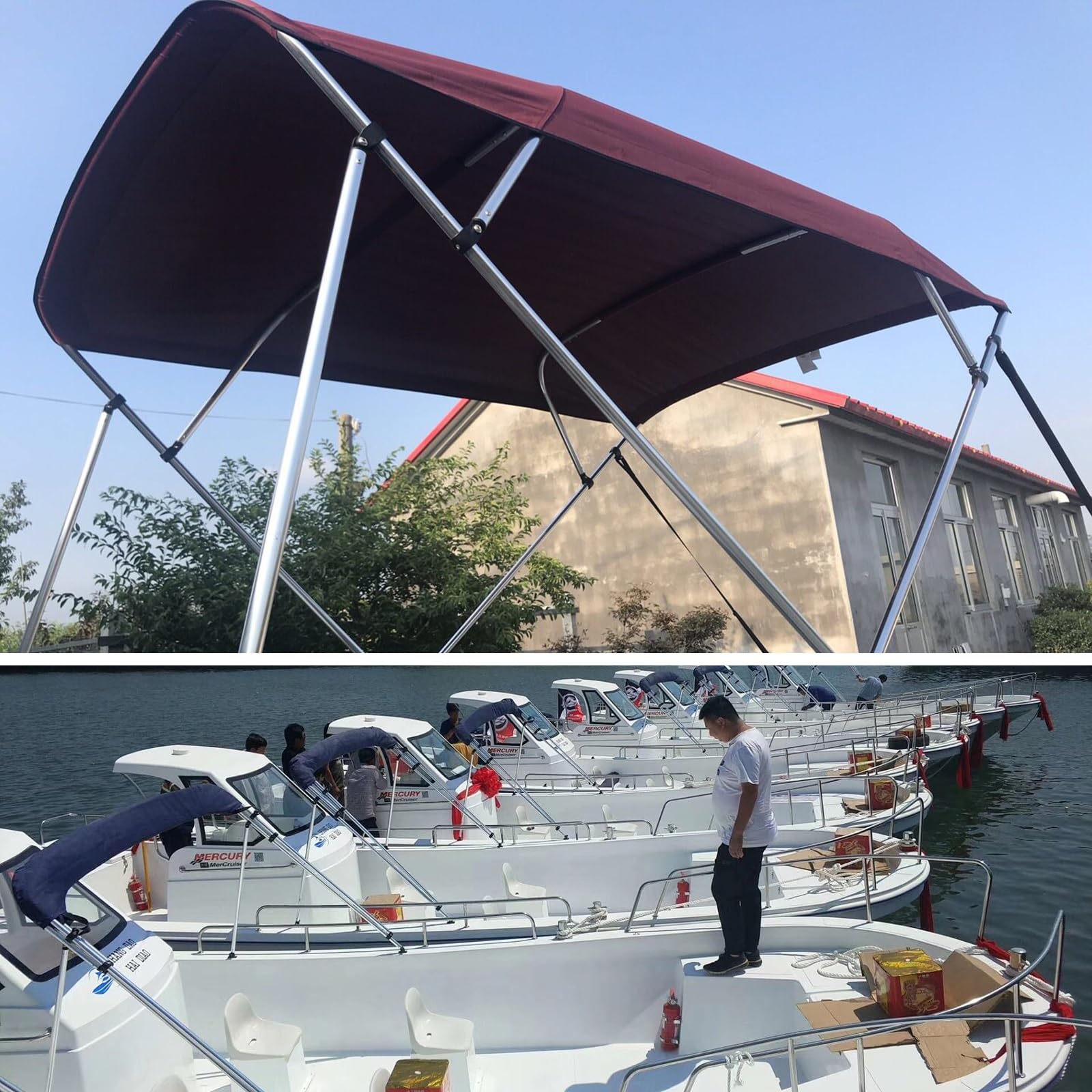 Tendalino Barca 3 Archi, in Tessuto Oxford 600D per Uso Nautico con Telaio in Alluminio, Impermeabile, con Pali di Supporto Posteriori e Custodia per Riporlo