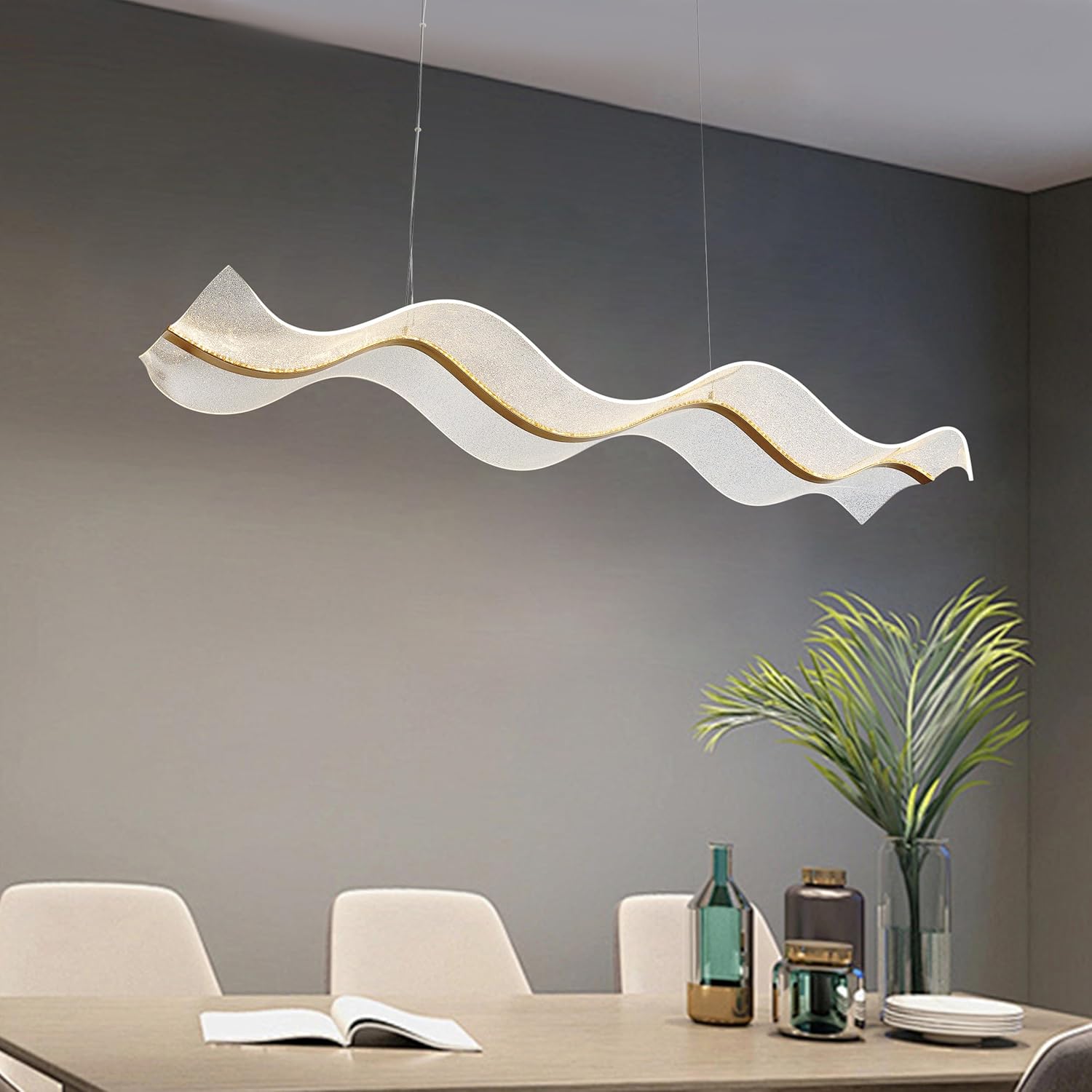47.24 in LED Kitchen Island Chandelier, Gold Large Pendant Light Fixture with Acrylic Wave Linear Shade, Warm White 3000K Dimmable, 3212 lm, Modern Chandelier Over Table for Dining Room