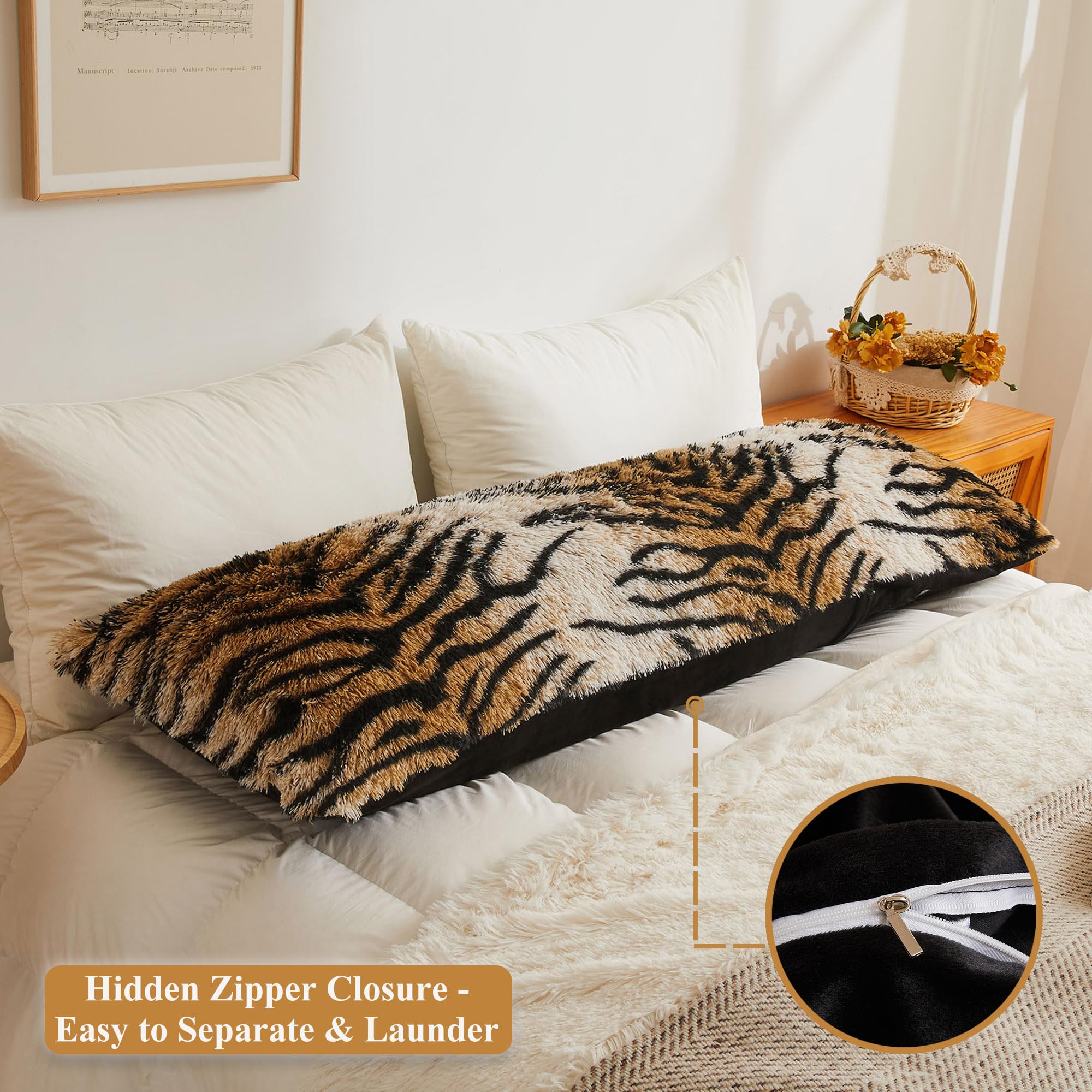 XeGe Flauschiger Kunstfell-Kissenbezug mit Tiger-Druck, 1,4 m, Braun | Fuzzy Body Pillow Case with Hidden Zipper, Decorative Long Plush Standard Bolster Pillowcase for Pregnant Women Side Sleeper
