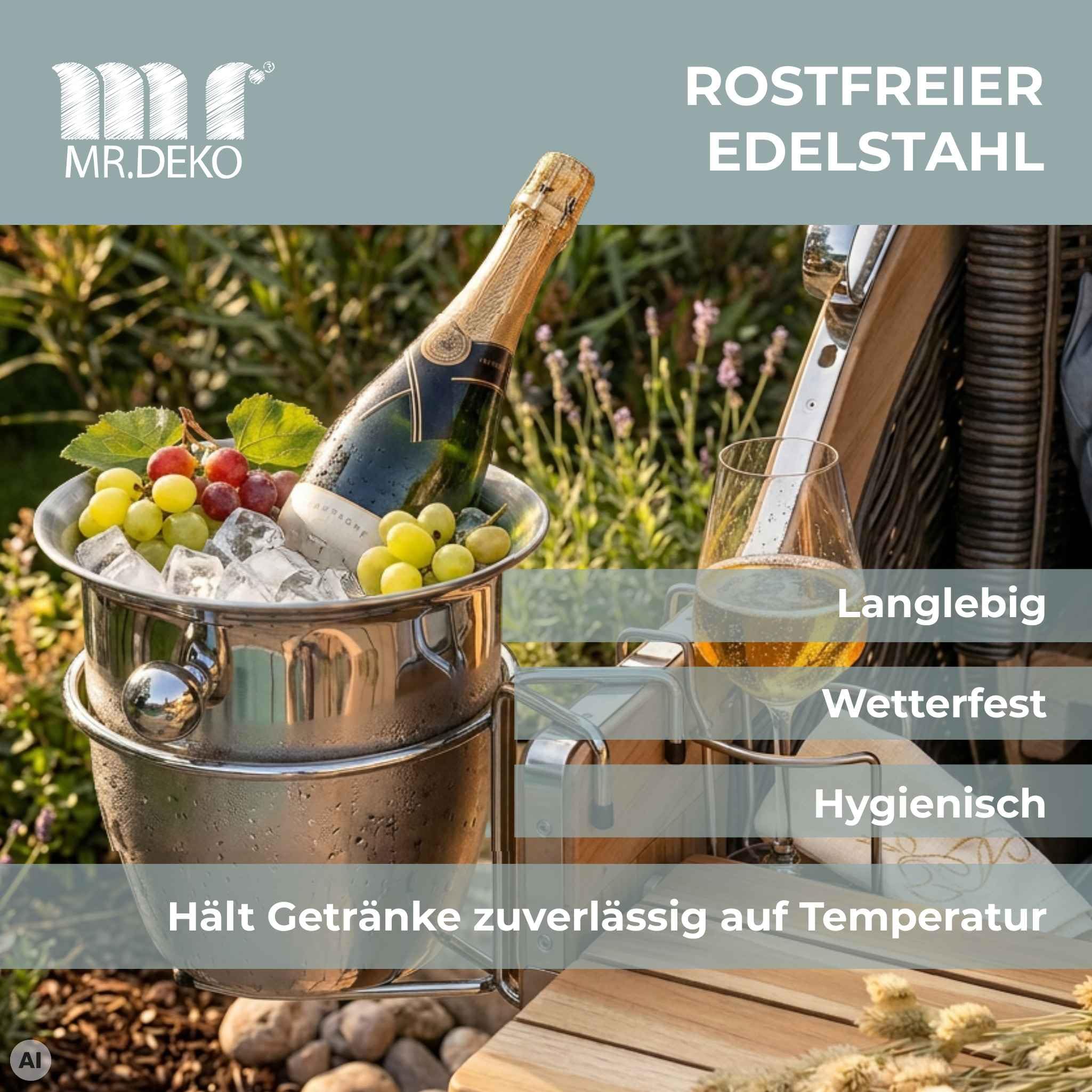 MR. DEKO Strandkorb-Zubehör Champagnerkühler Edelstahl 2tlg. | Sektkühler mit Halterung Rostfrei | Weinkühler-Set für Gartenmöbel | Flaschenkühler | Getränkekühler-Halterung Strandkorb-Einsatz