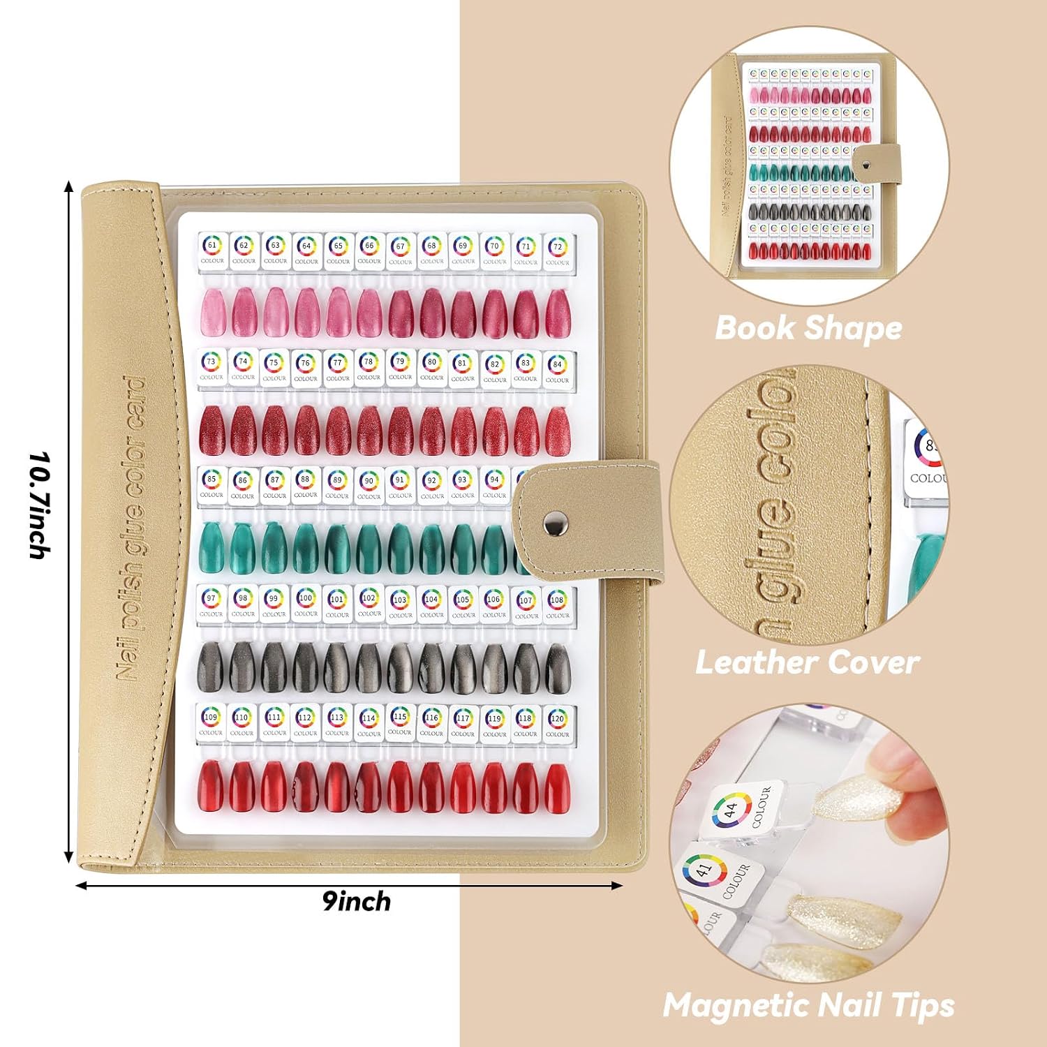 120 Magnetic Nail Swatch Book,Leather Magnetic Color Display Book with 120PCS Magnetic Tips & 1-200 Number Labels,Perfect for Nail Polish Nails Art Design(Gold) image 4