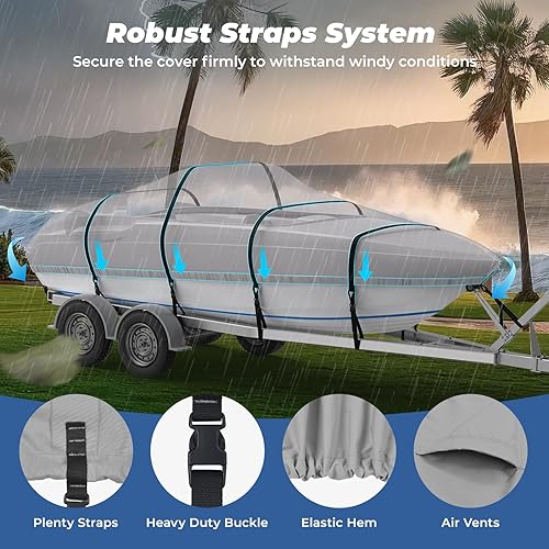 Miniatura 5 de RVMasking Funda para barco, lona de poliéster 1400D ultra gruesa con revestimiento impermeable de poliuretano doble, se adapta a Tri-Hull, V-Hull,