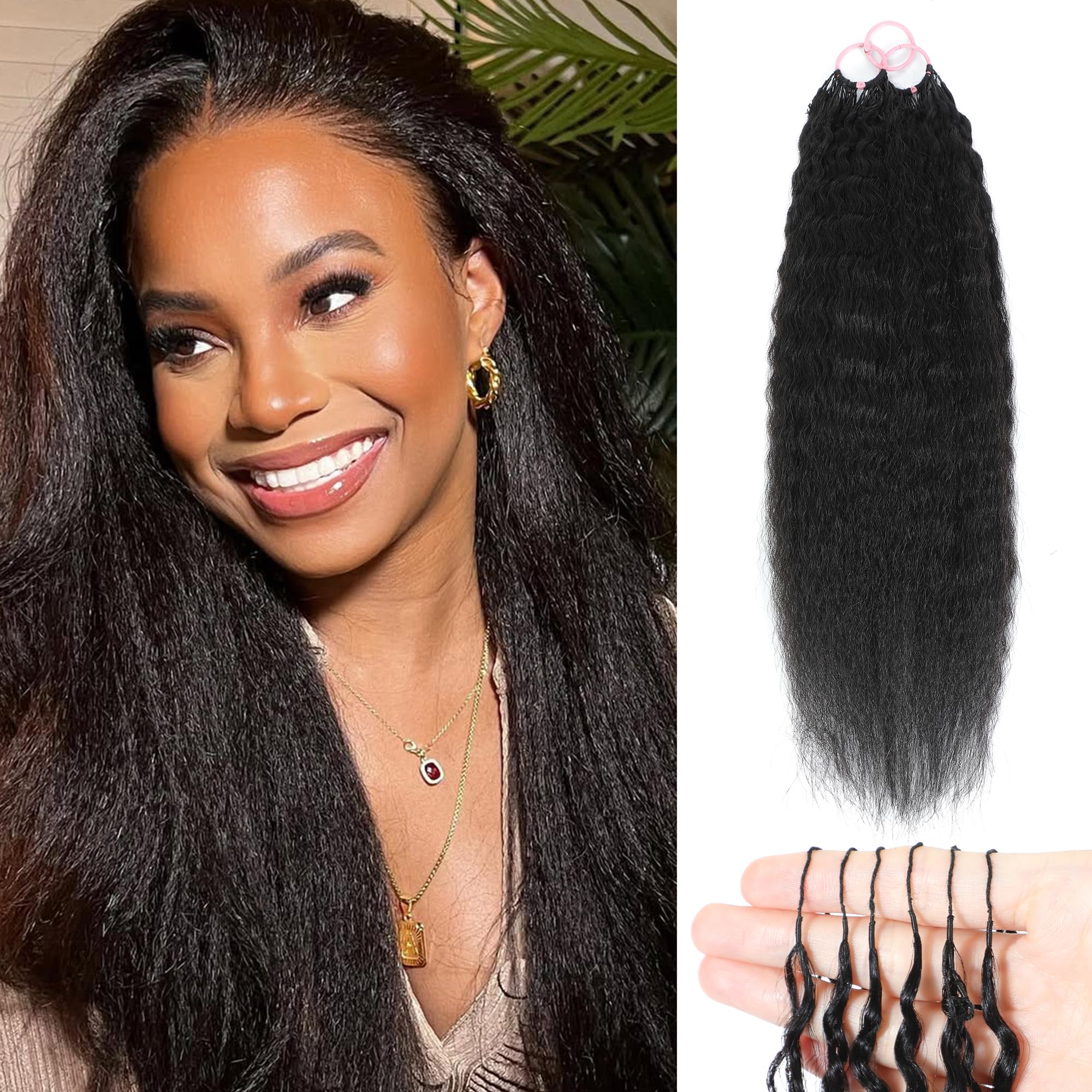 Photo 1 of KZZIZ Human Crochet Hair for Black Women Kinky Straight Crochet Human Hair Bundles 14 Inch 100g Pre-Separated Feather Crochet Human Hair Reusable Invisible Crochet Hair Extensions Natural Black