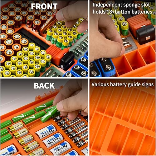 Miniatura 5 de Caja organizadora de baterías con probador, paquete variado de 269 baterías de doble cara, soporta pilas AA AAA 4A C D de 9 V y 3 V de litio LR44