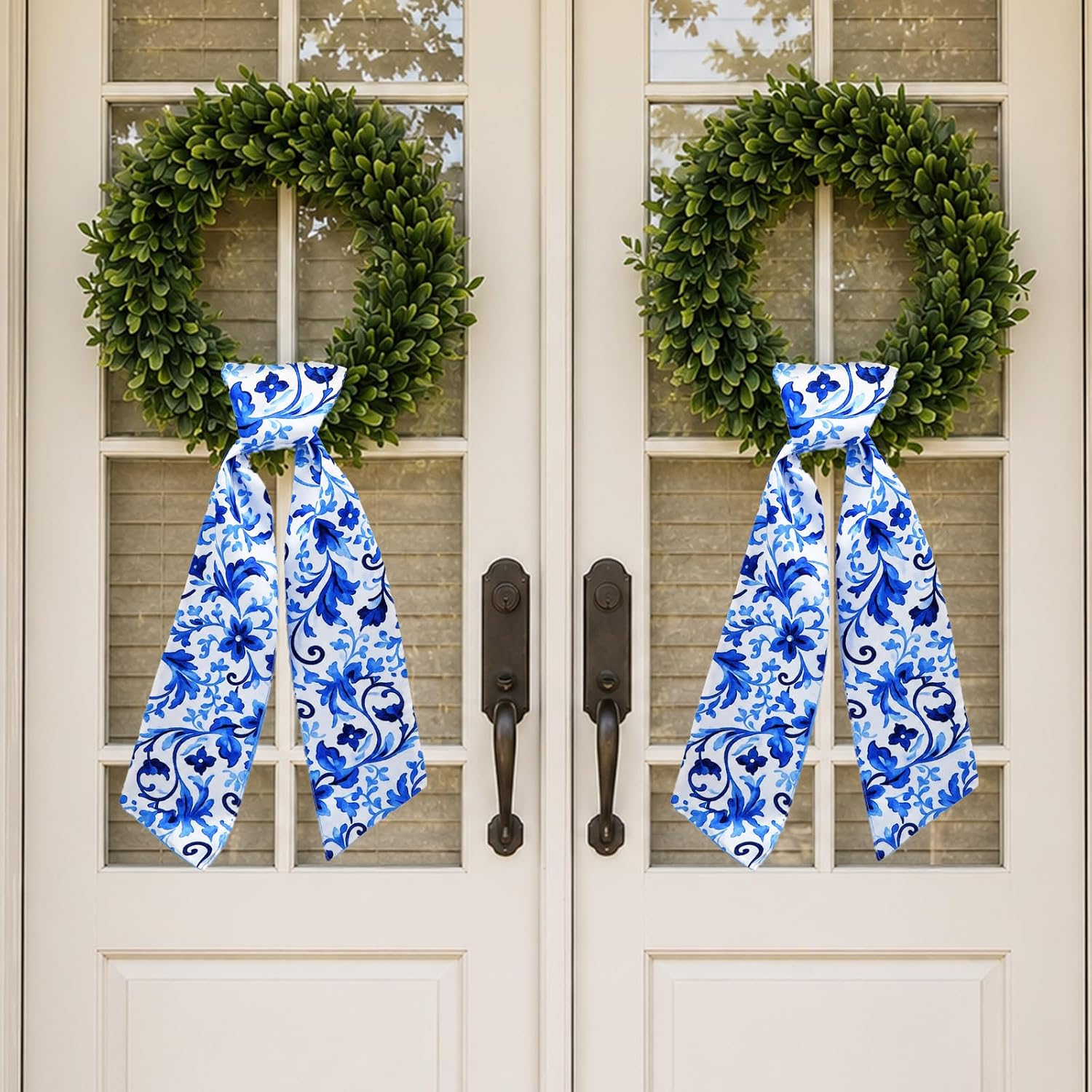 Blue and White Wreath Sash for Front Door, 2Pcs Chinoiserie Satin Sash for Wreath Home Porch Decor, Spring Summer Bridal Shower Decor, 4.8in X 57in