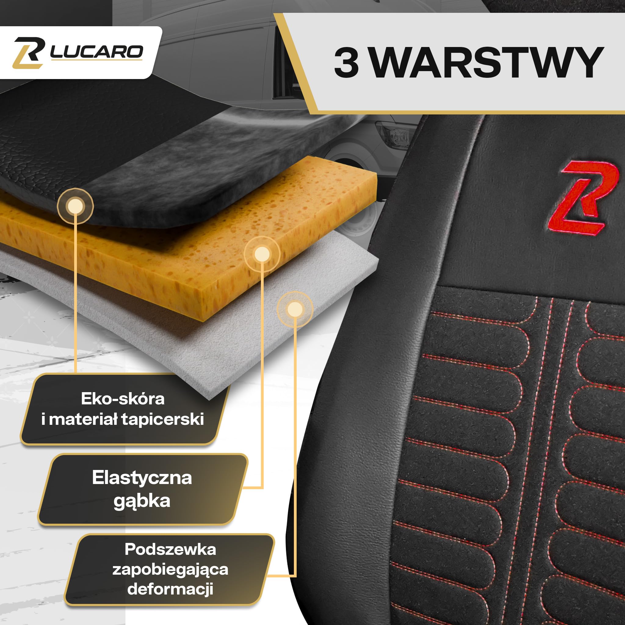 Lucaro Pokrowce na siedzenia samochodowe TORNADO do Renault Master 4, Nissan Interstar 3 Czerwone oparcie i siedzisko dzielone