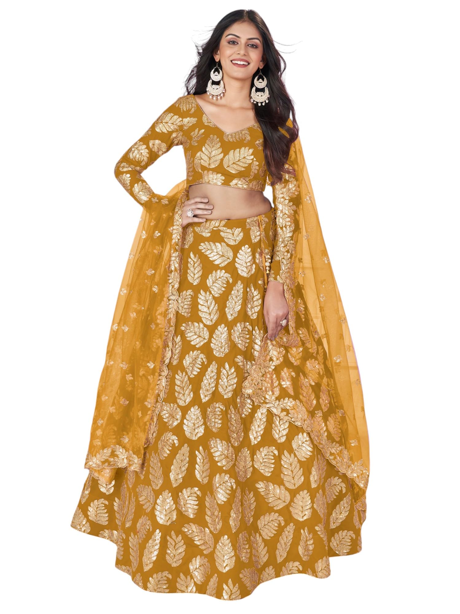 Women's Sequins Zari Embroidered Pure Georgette Lehenga Choli With Dupatta (5120-Yellow-Wedding-Stylish-Lehenga-Choli-Latest; Free Size)-image-34