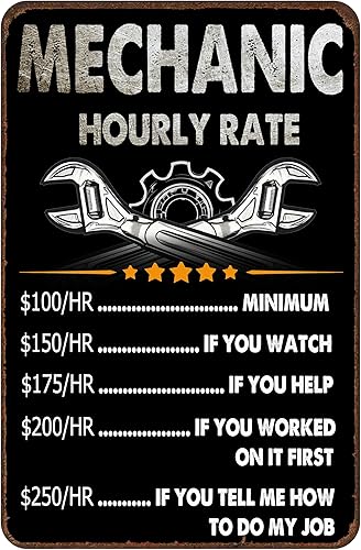 Vintage Mechanic Wall Decor Garage Accessories Gifts For Car Guys Men Mechanic Hourly Rate Metal Signs 8x12 Inch