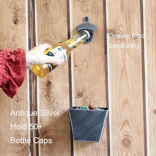 Miniatura 4 de Colector de tapa de botella de acero inoxidable montado en la pared, cubo de tapa de cerveza antiguo con aberturas de drenaje (plata envejecida)
