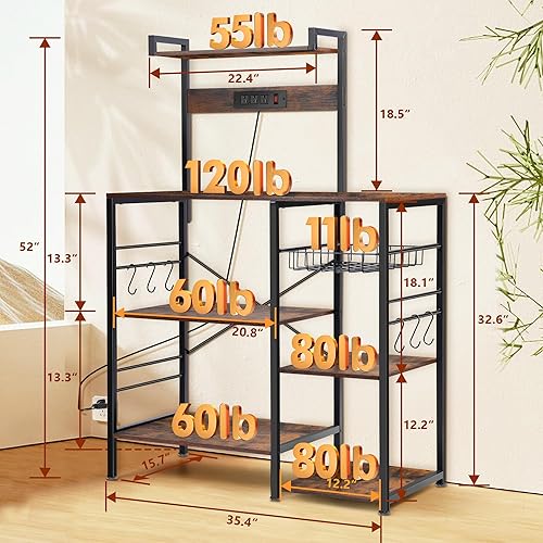 Miniatura 3 de Rengue Estante para panaderos con 3 tomas de corriente, estante de almacenamiento de cocina de 4 niveles con 6 ganchos en S, soporte para horno de