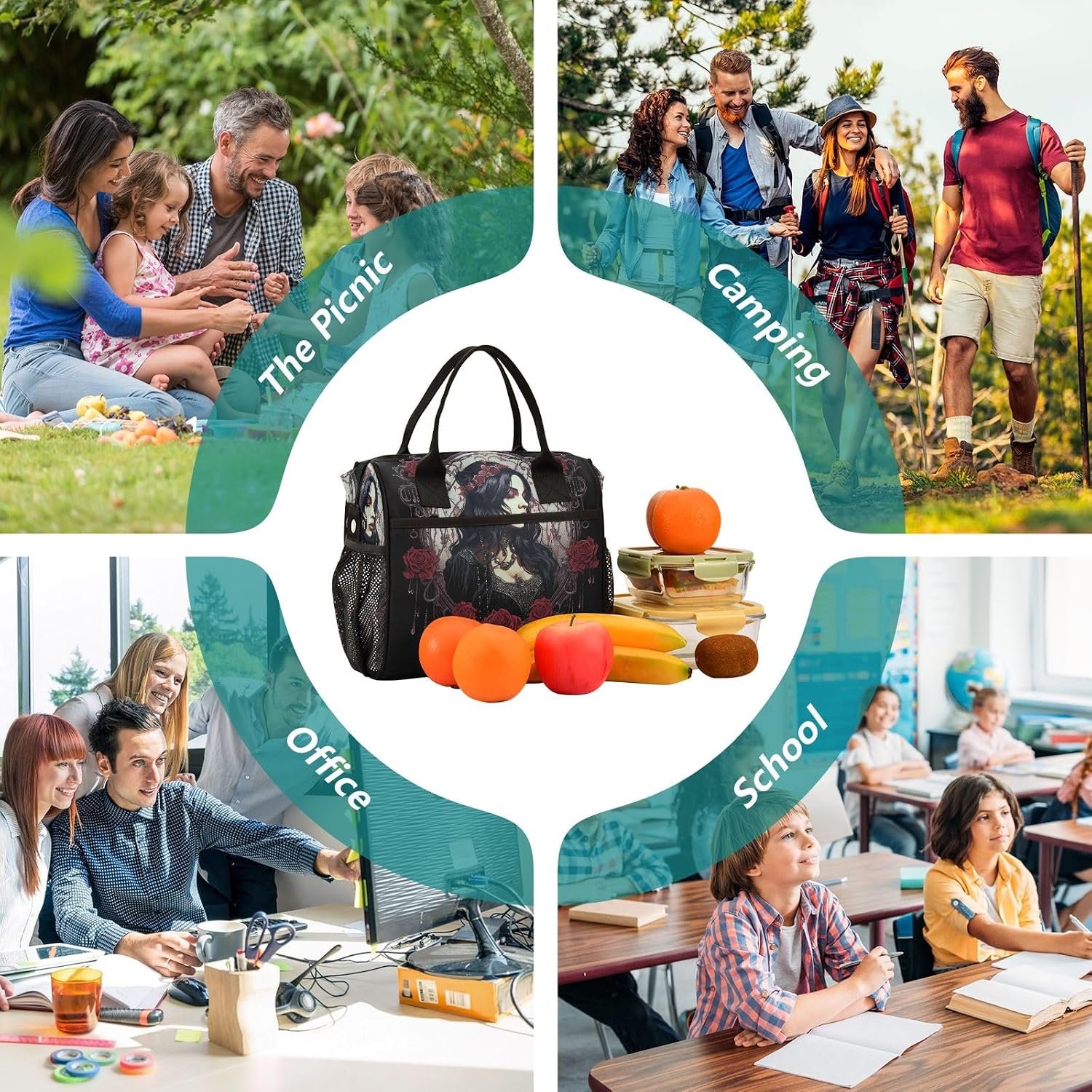 Adult Lunch Box Insulated Lunch Bag Beauty and Roses Large Cooler Tote Bag for Work Picnic or Travel with Adjustable Shoulder Strap