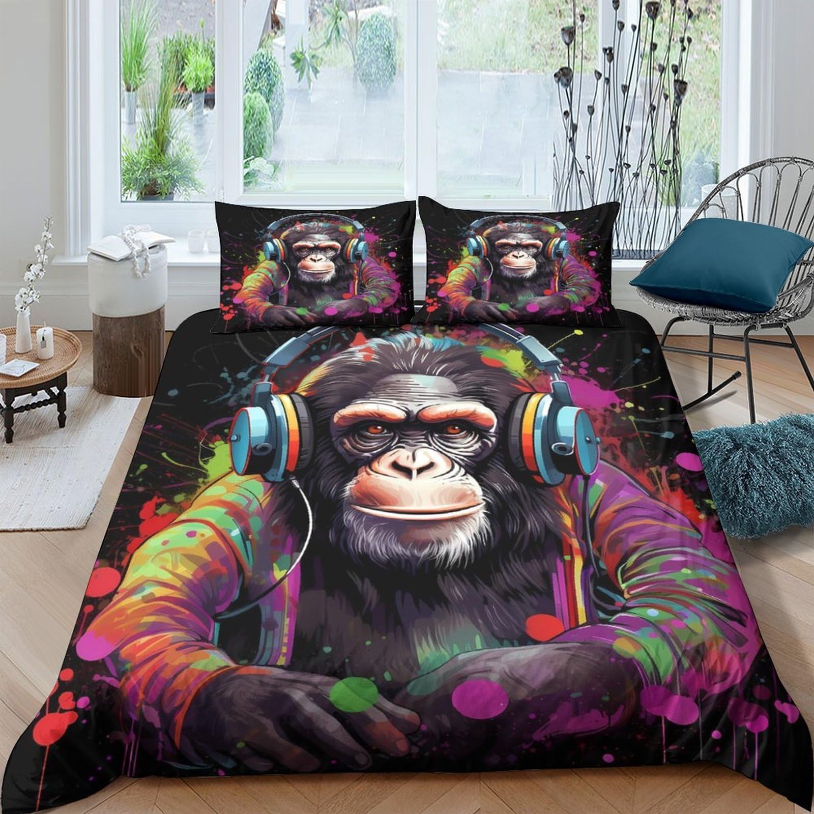Ctjqhvkz Style-8 3D Printed Graffiti Monkey Fitted Sheet Microfiber Colourful Headphone Mattress Cover For Bedroom Decor Dorm Use Single（135X200cm）