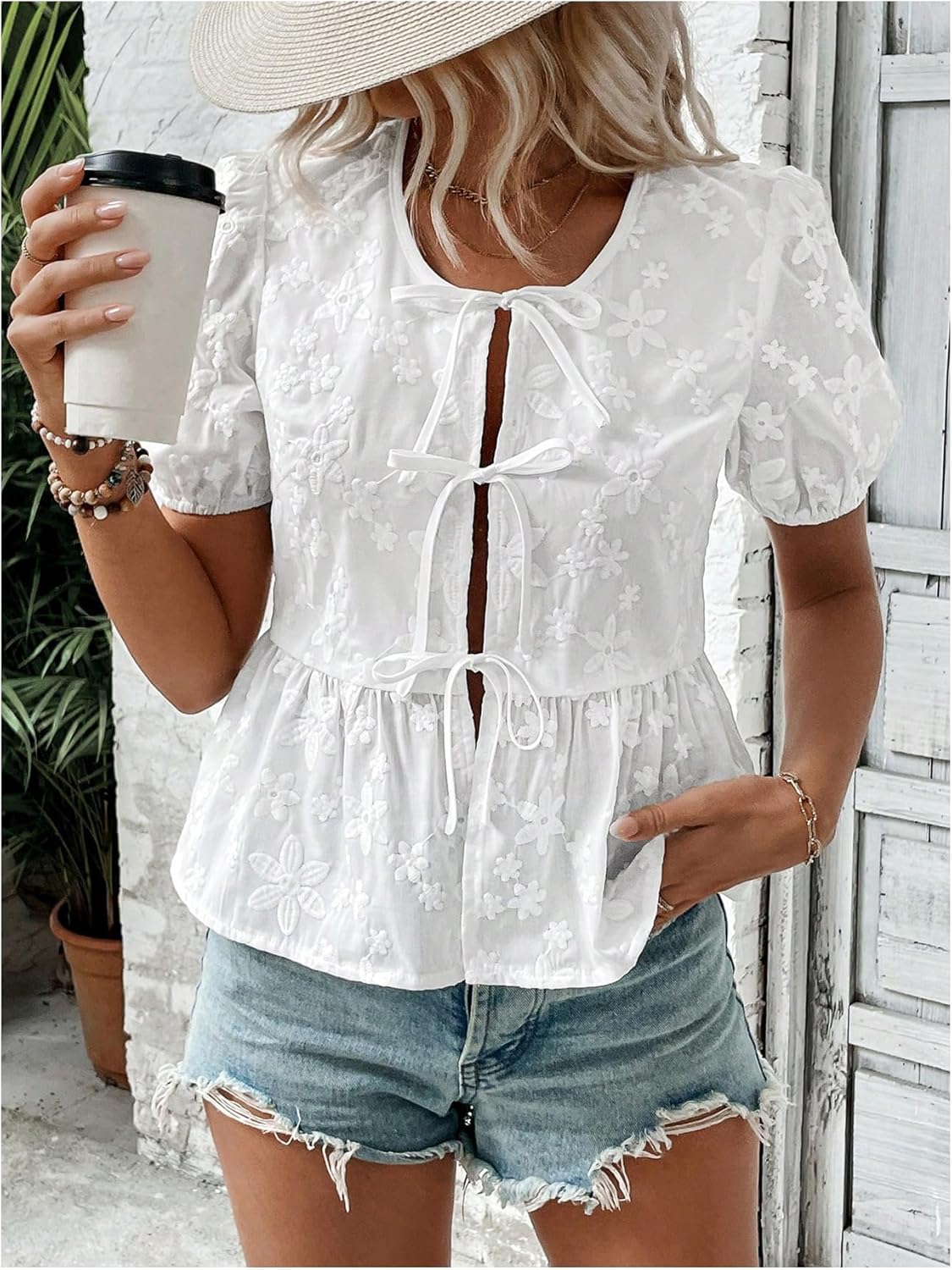 SweatyRocks Women's Tie Front Blouses Ruffle Crewneck Short Puff Sleeve Shirts Tops - Image 4